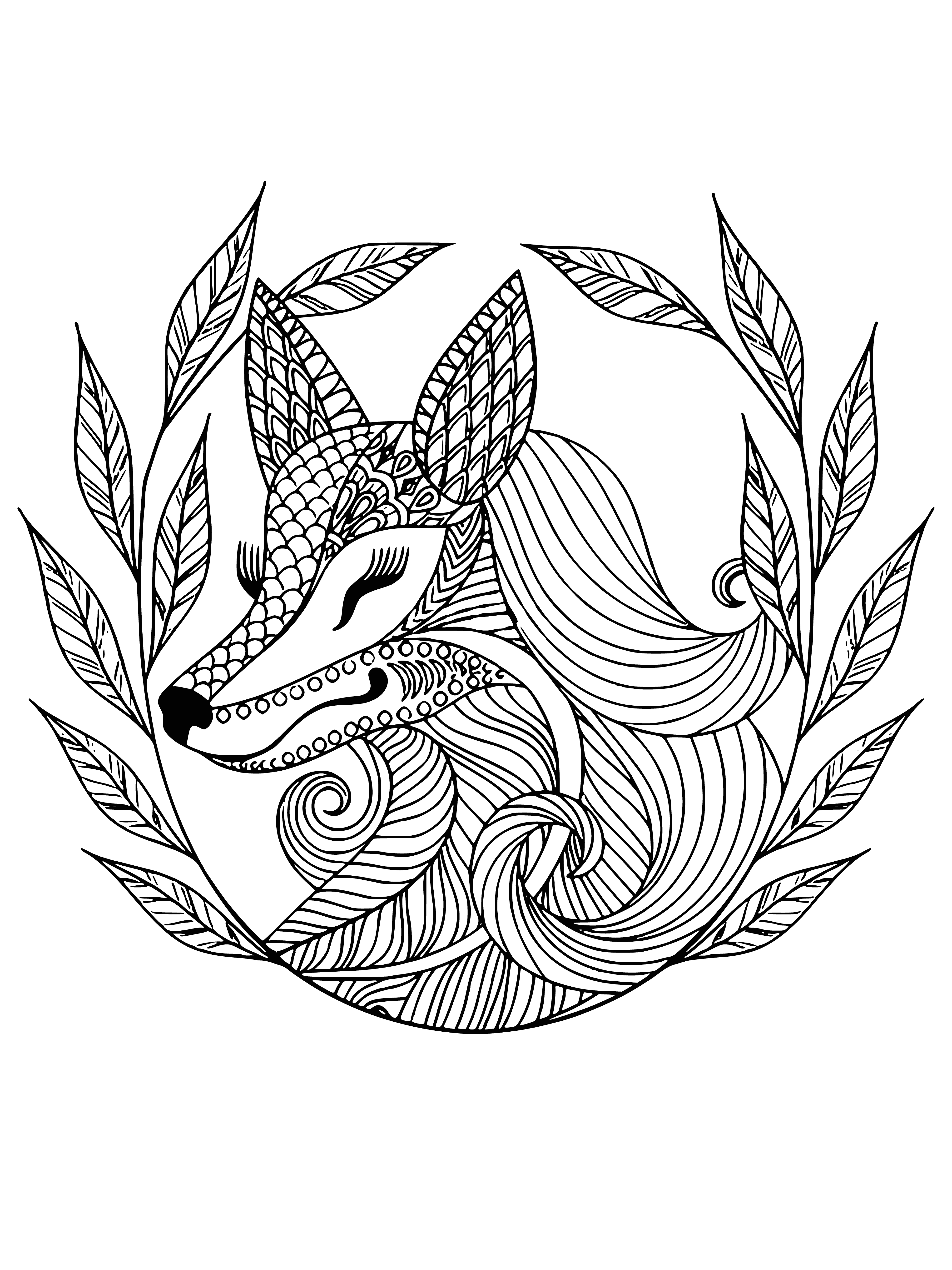 coloring page: A beautiful fox with big ears, bushy tail, and orange fur stands in a green meadow with flowers. #FoxBeauty