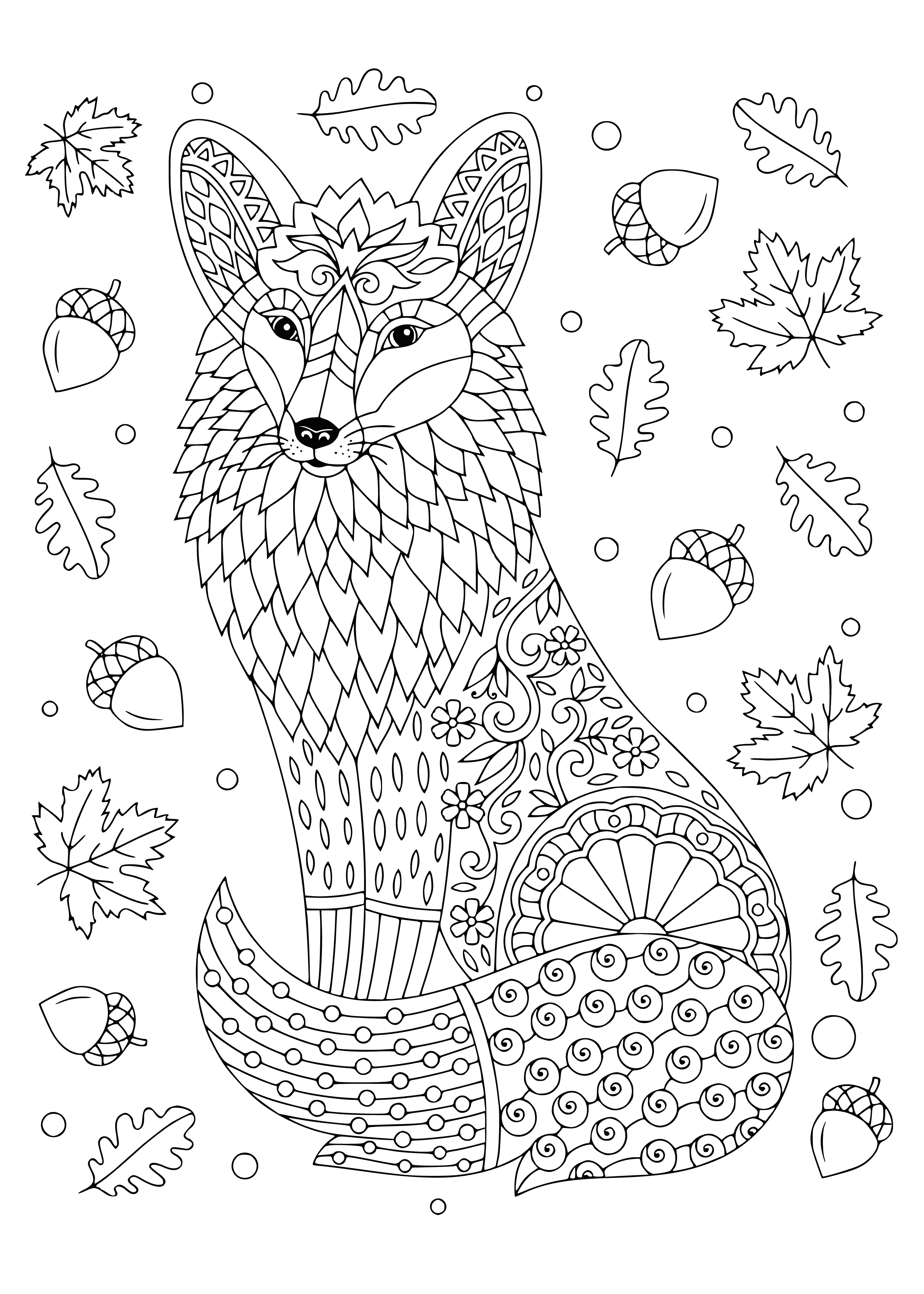coloring page: Fox with bright orange coat and white-tipped tail lounging on grassy green background. White chest, inside ears, and black nose.