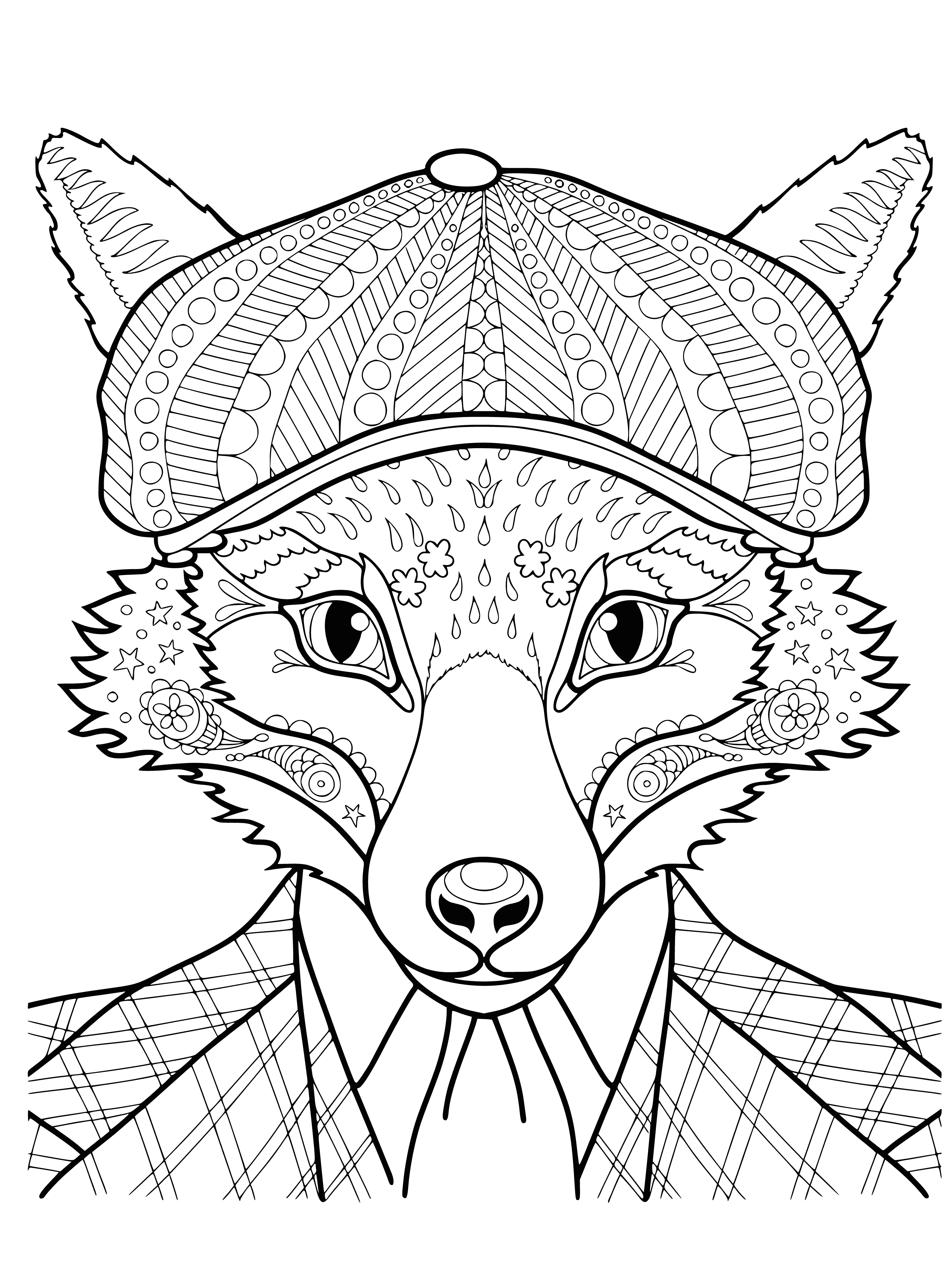 coloring page: Mrs. Fox stands in a field of grass, a forest behind her. She has red and white fur, a long snout and bushy tail.