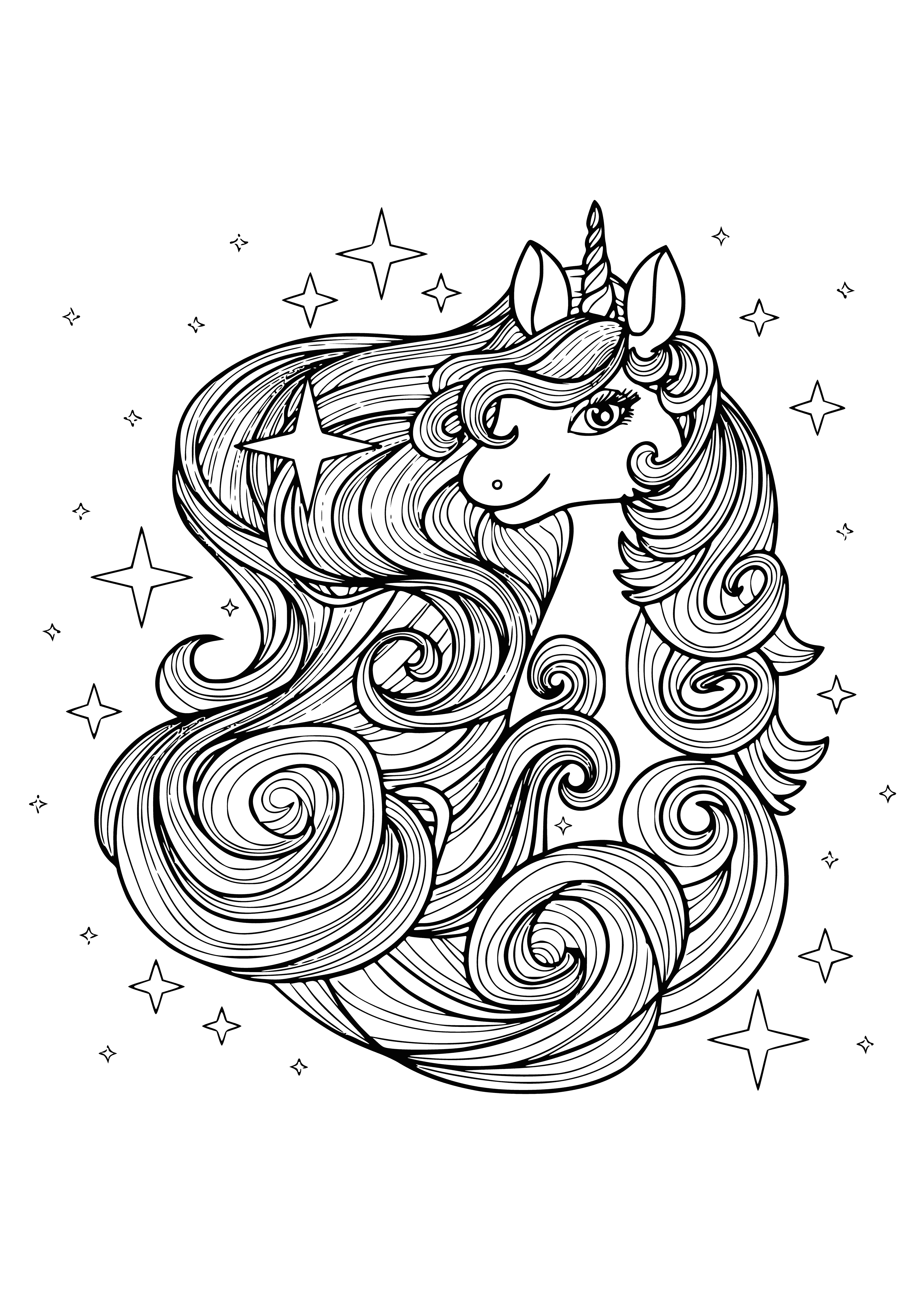 coloring page: Relax with a beautiful, stress-reducing unicorn coloring page filled with flowers and stars. Perfect after a long day!