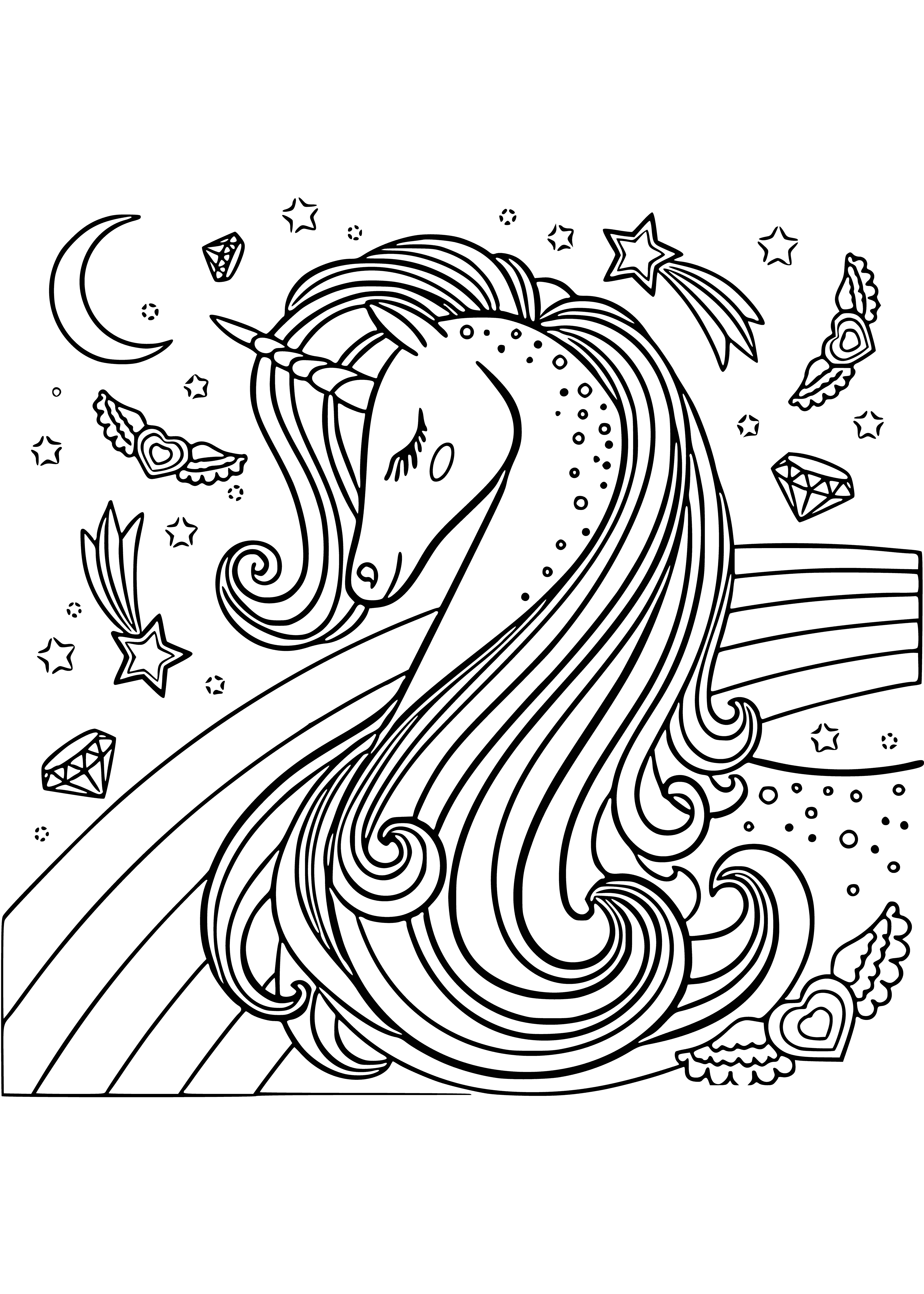 coloring page: A Unicorn with a heart-shaped balloon and flowers stands in a field of flowers with a rainbow in the background. #UnicornLivesMatter