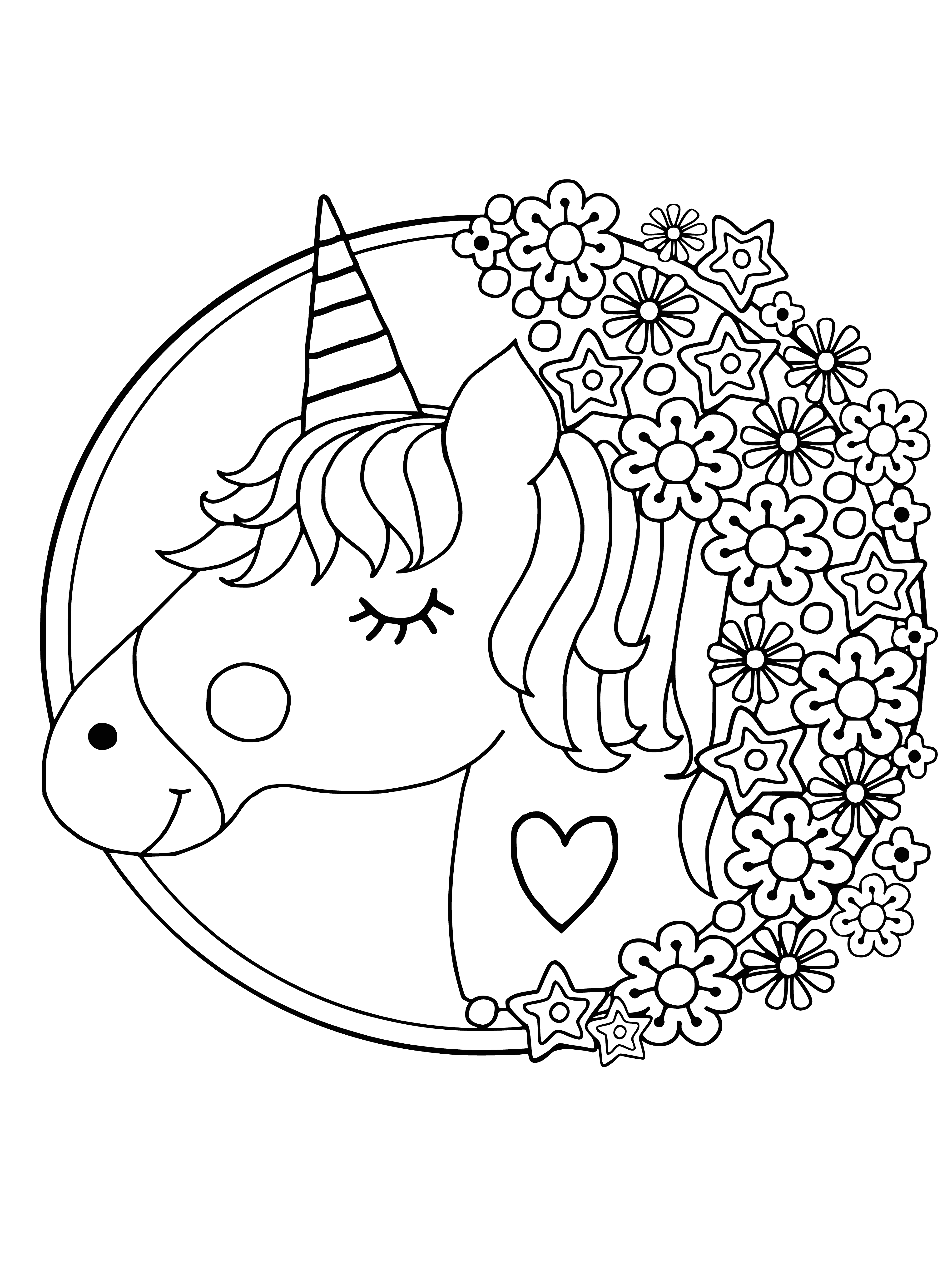 coloring page: Relax and de-stress with a magical Unicorn surrounded by stars, flowers, and butterflies!