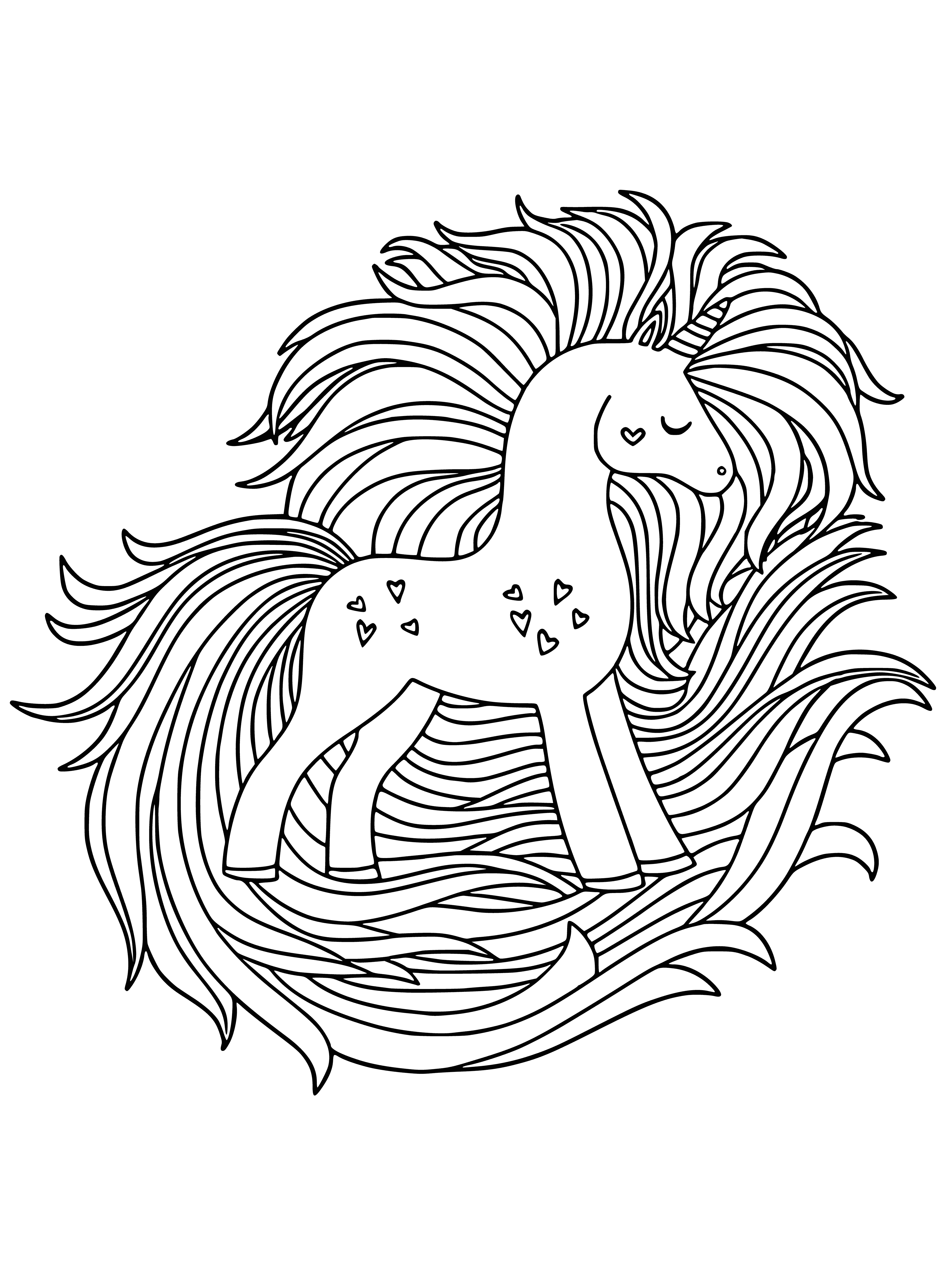 coloring page: A peaceful unicorn with shimmering white coat, multicolored mane and tail, and small horn is surrounded by flowers and leaves. #coloringpages #unicorn #antistress