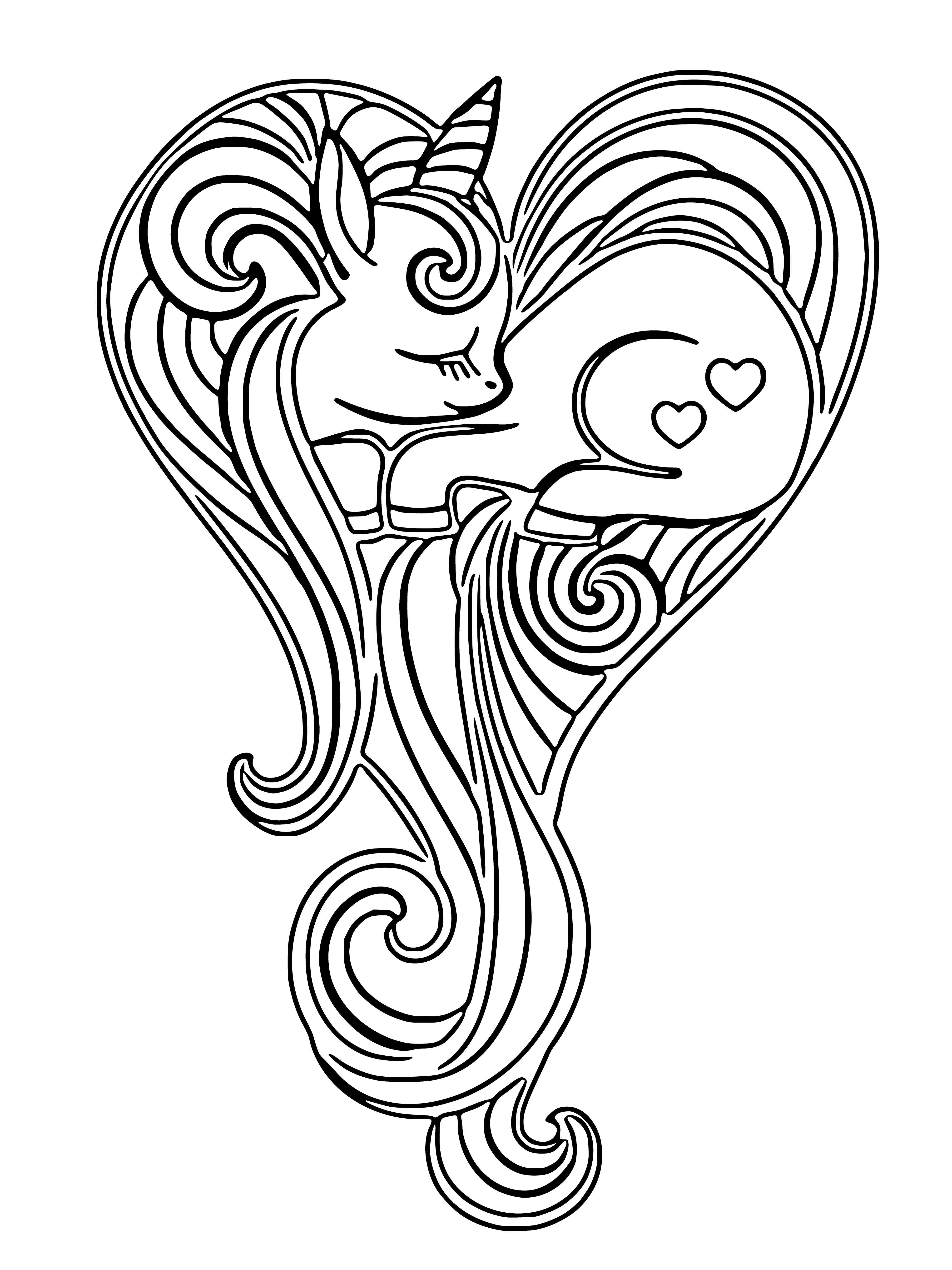 coloring page: A sleeping unicorn with black mane & tail, white body, gold horn & hooves, stars & flowers around it. #DreamyUnicorn