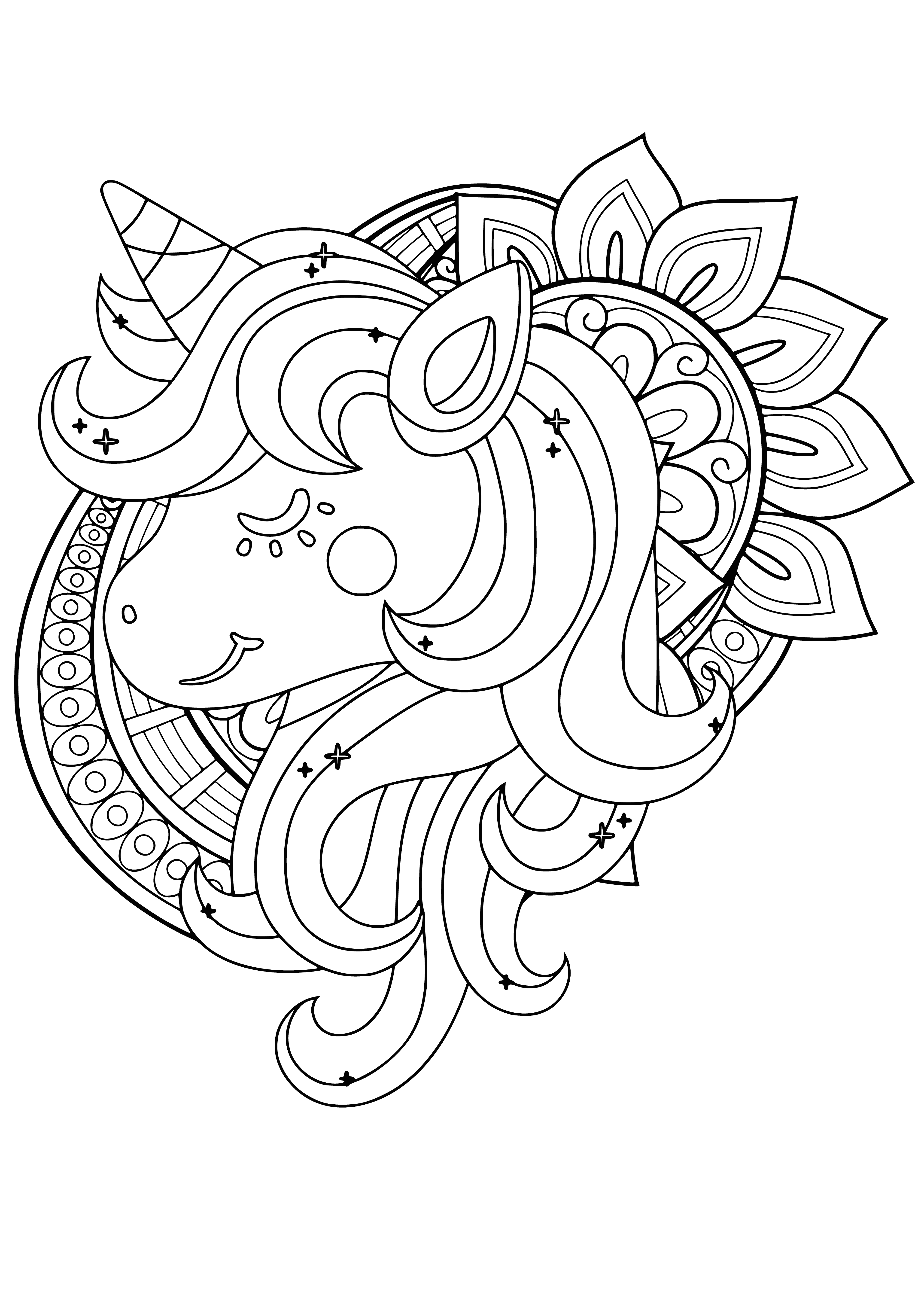 coloring page: Coloring page of majestic unicorn with gold horn, flowing mane & tail, plus stars & hearts. Perfect for adults!