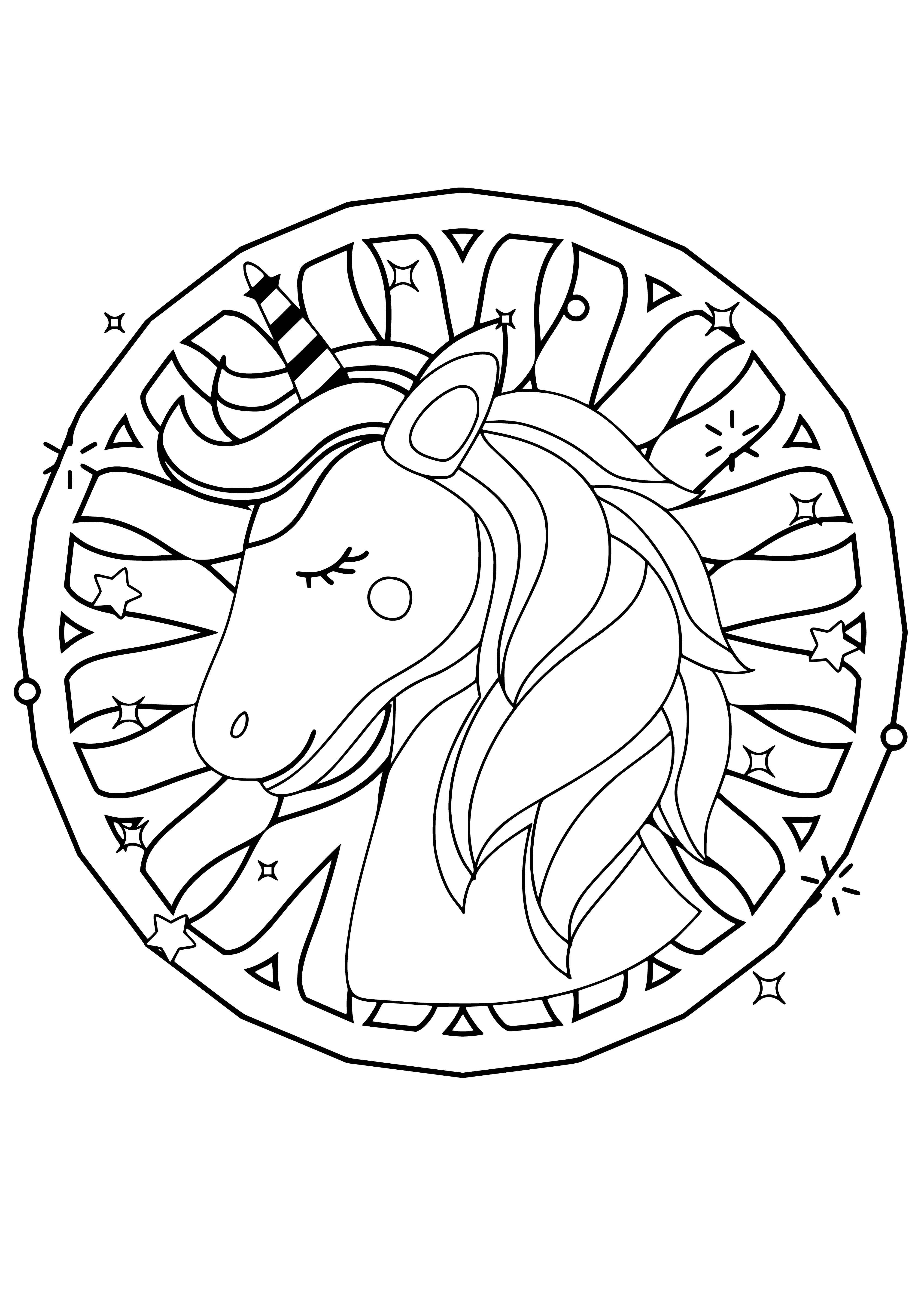 coloring page: A unicorn stands majestically in a flower-filled pasture, its long mane and tail flowing in the breeze. #magical