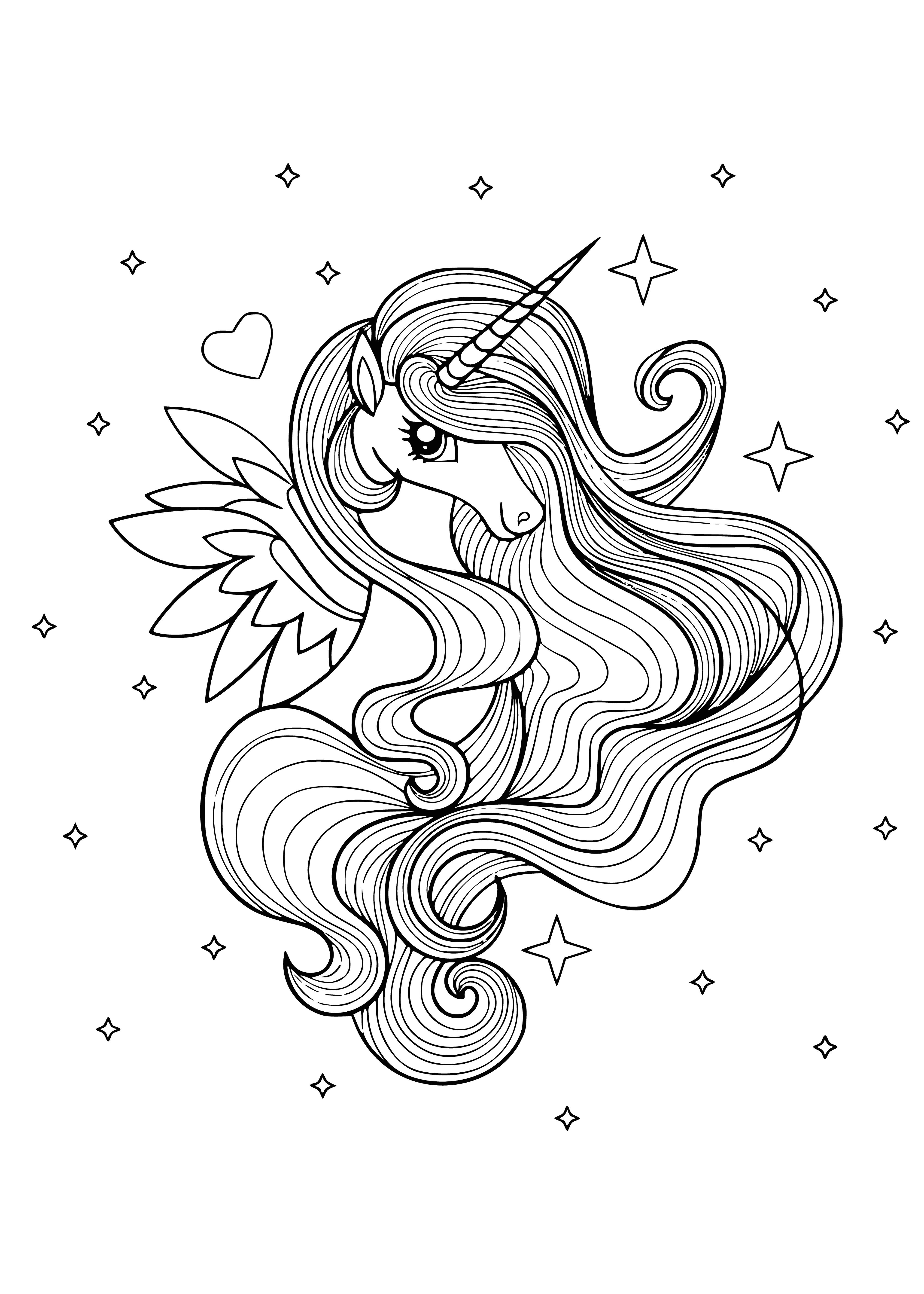 coloring page: A white unicorn flying in a rainbow sky with a long mane and tail. #antistresscoloring
