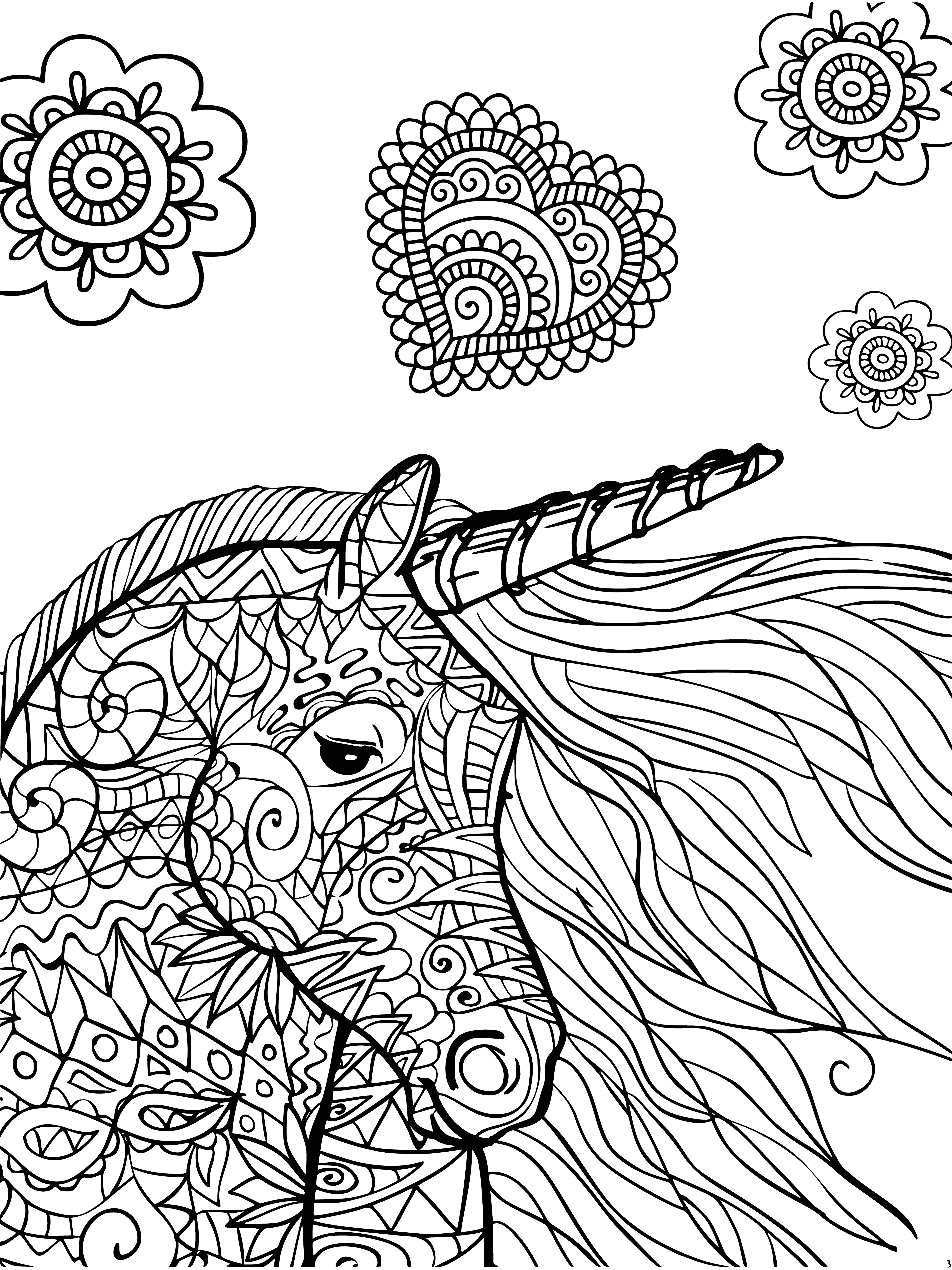 coloring page: Unicorns surrounded by a field of blooming flowers, majestic creature with spiraling horn and pure white mane and tail.