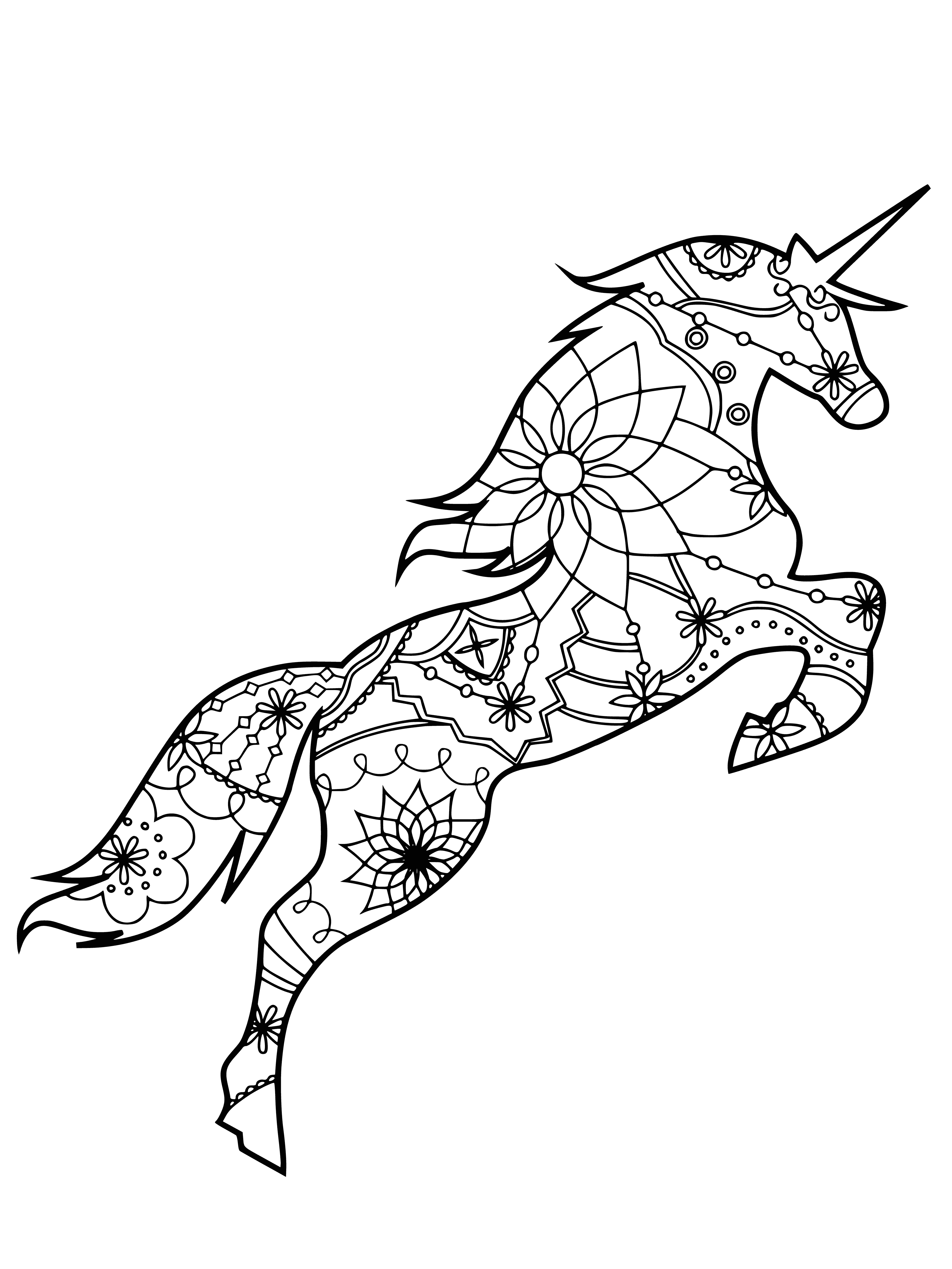 coloring page: Coloring page of white unicorn with long horn standing on green hill surrounded by blue sky and trees. #coloring #unicorns #hills