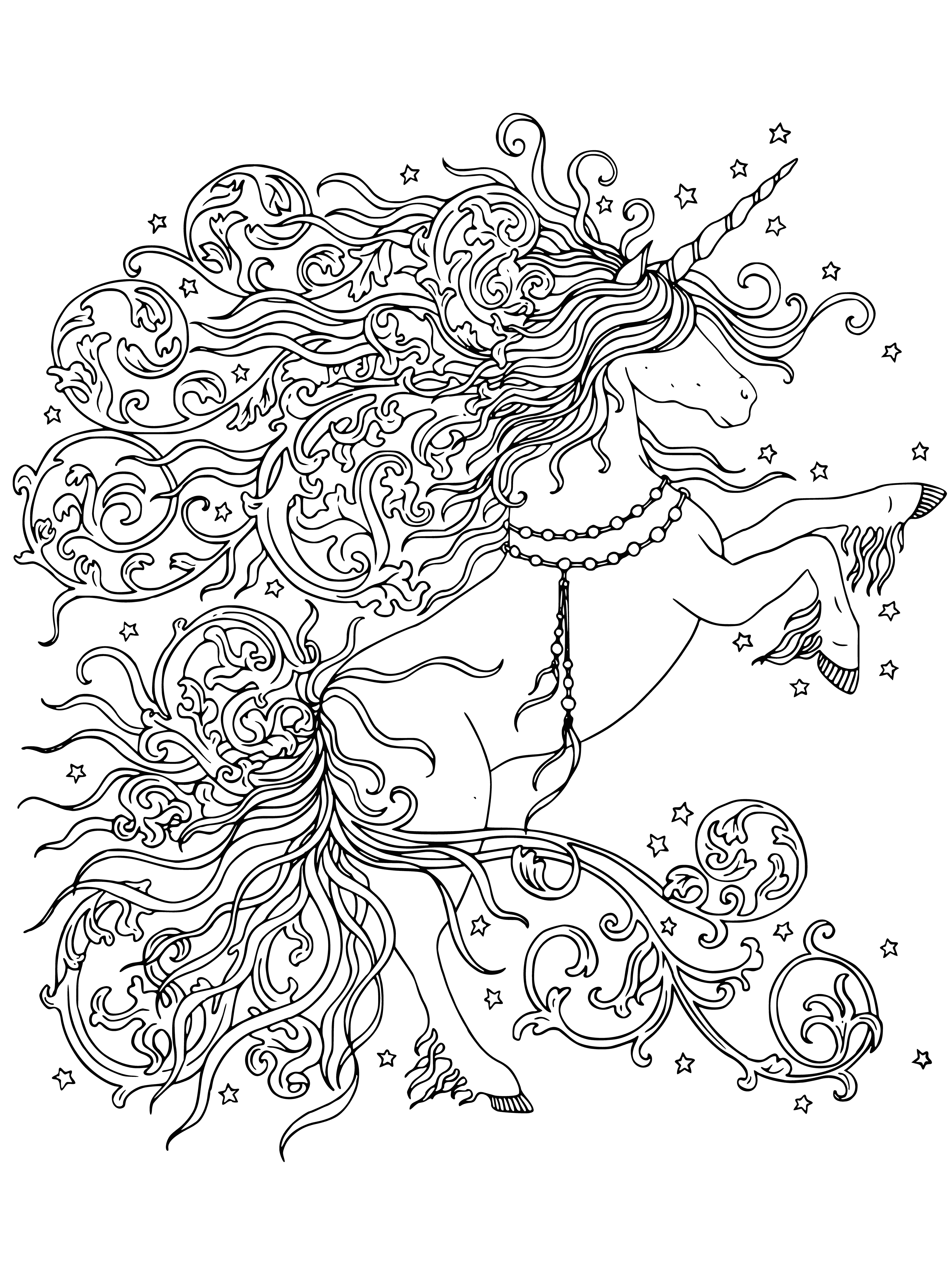 coloring page: -> Magical unicorn rears gracefully before a rainbow, mane & tail blowing, glittering horn & hooves, surrounded by stars.