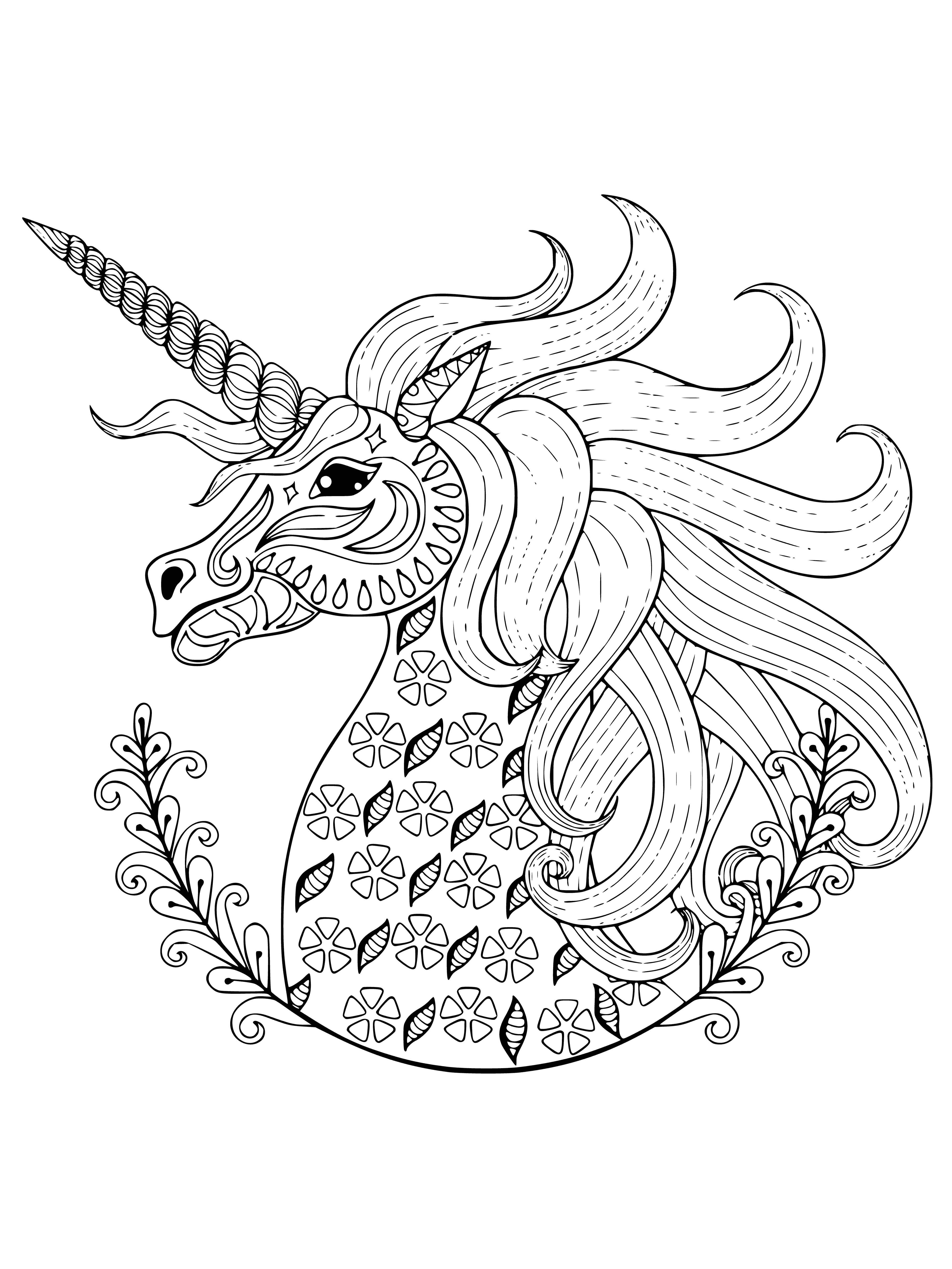 coloring page: A white unicorn with a pink mane and tail, gold horn and hooves, looking at the viewer, amidst a field of flowers, next to a tree.