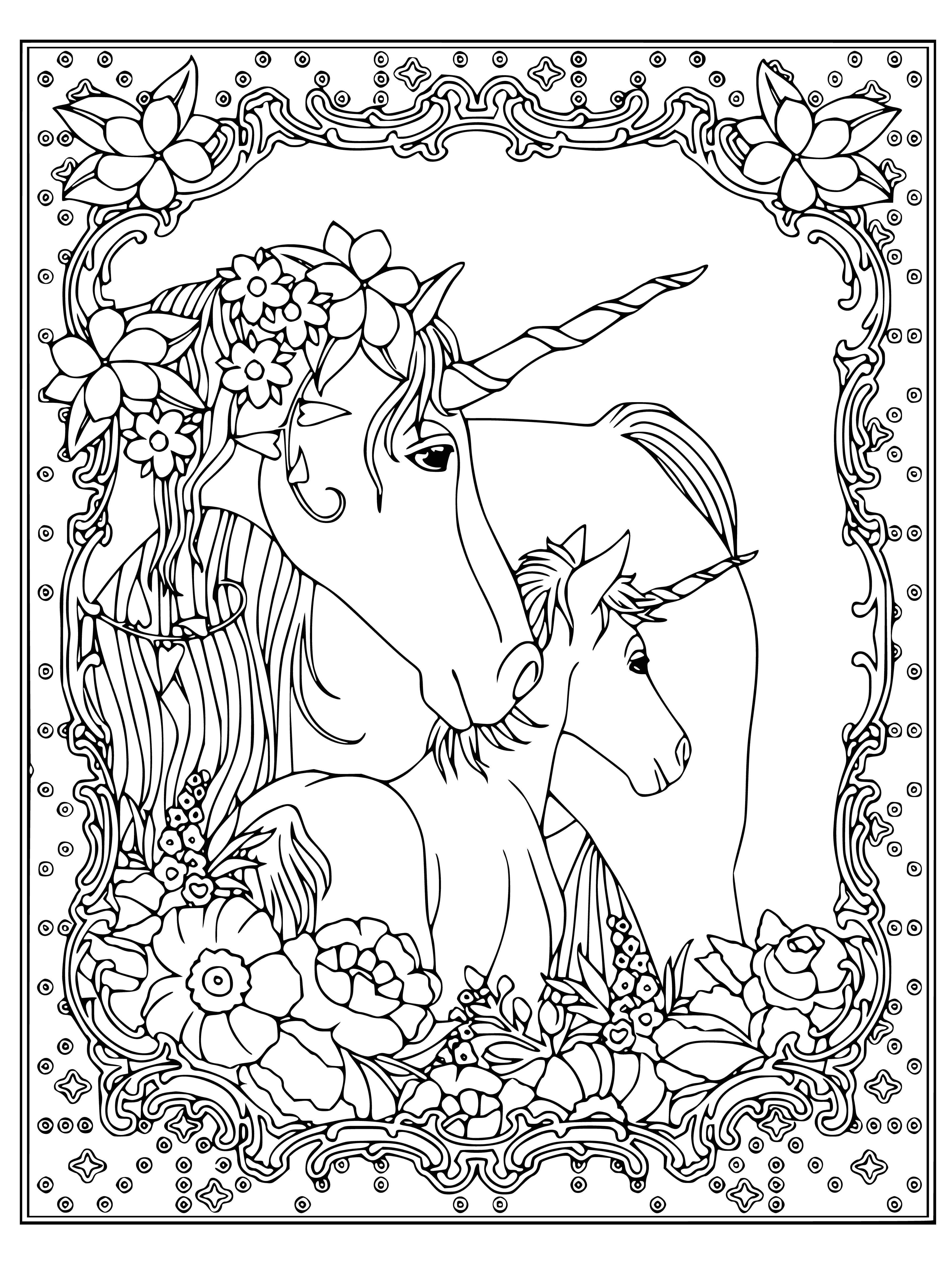 coloring page: Two unicorns, entwined and eyes closed, surrounded by a pattern of stars and flowers. #magical