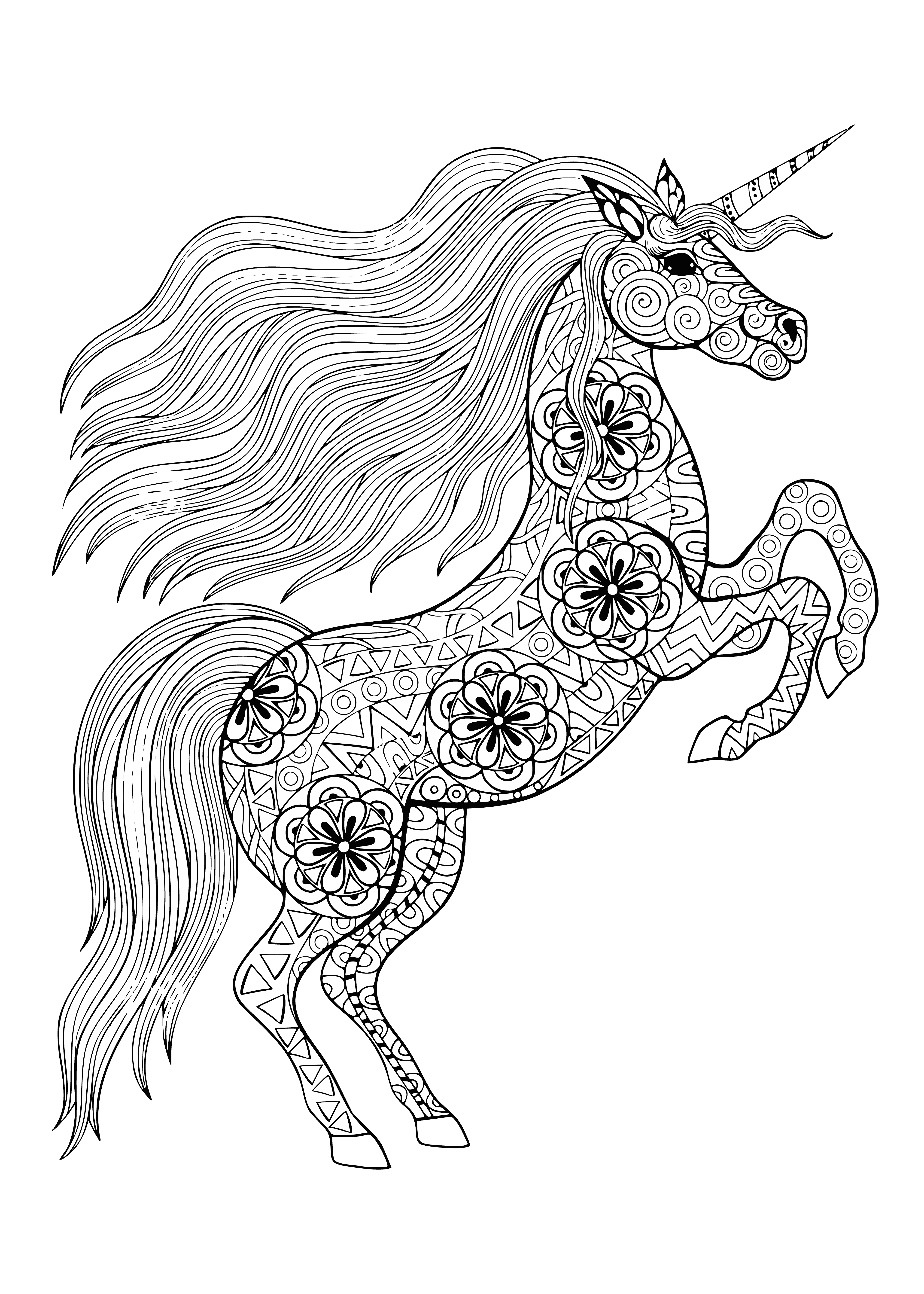 coloring page: Unicorns are happily playing in a sparkly forest - some with wings, some with curling horns in a variety of colors and patterns.