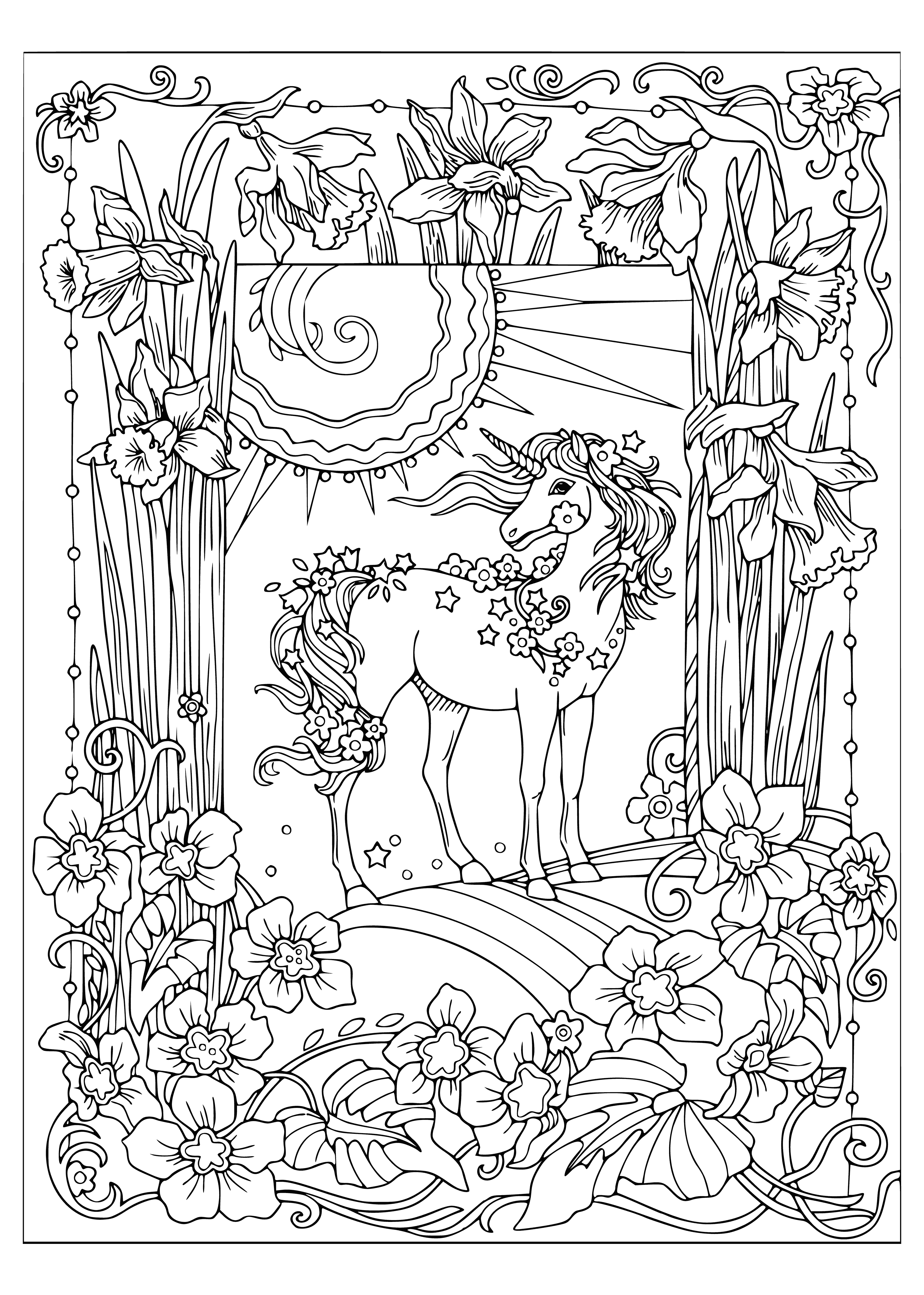 coloring page: A majestic unicorn stands in a flower-filled garden; white coat, silver mane, inviting us to its world of magic & mystery. #Fantasy