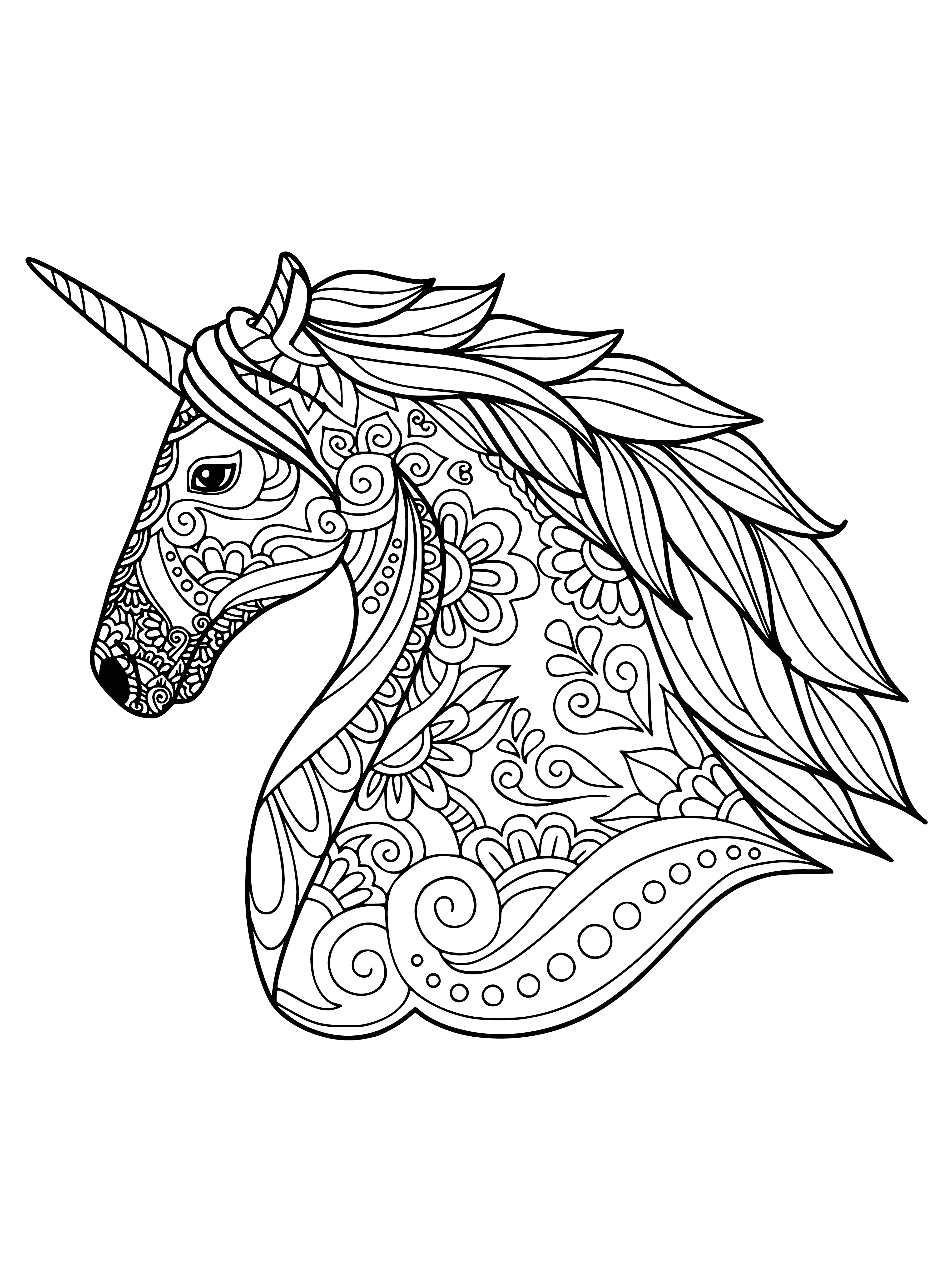 coloring page: Relaxing coloring page of a unicorn surrounded by butterflies, bees & flowers in a field. #coloringpages #unicorn #anti-stress