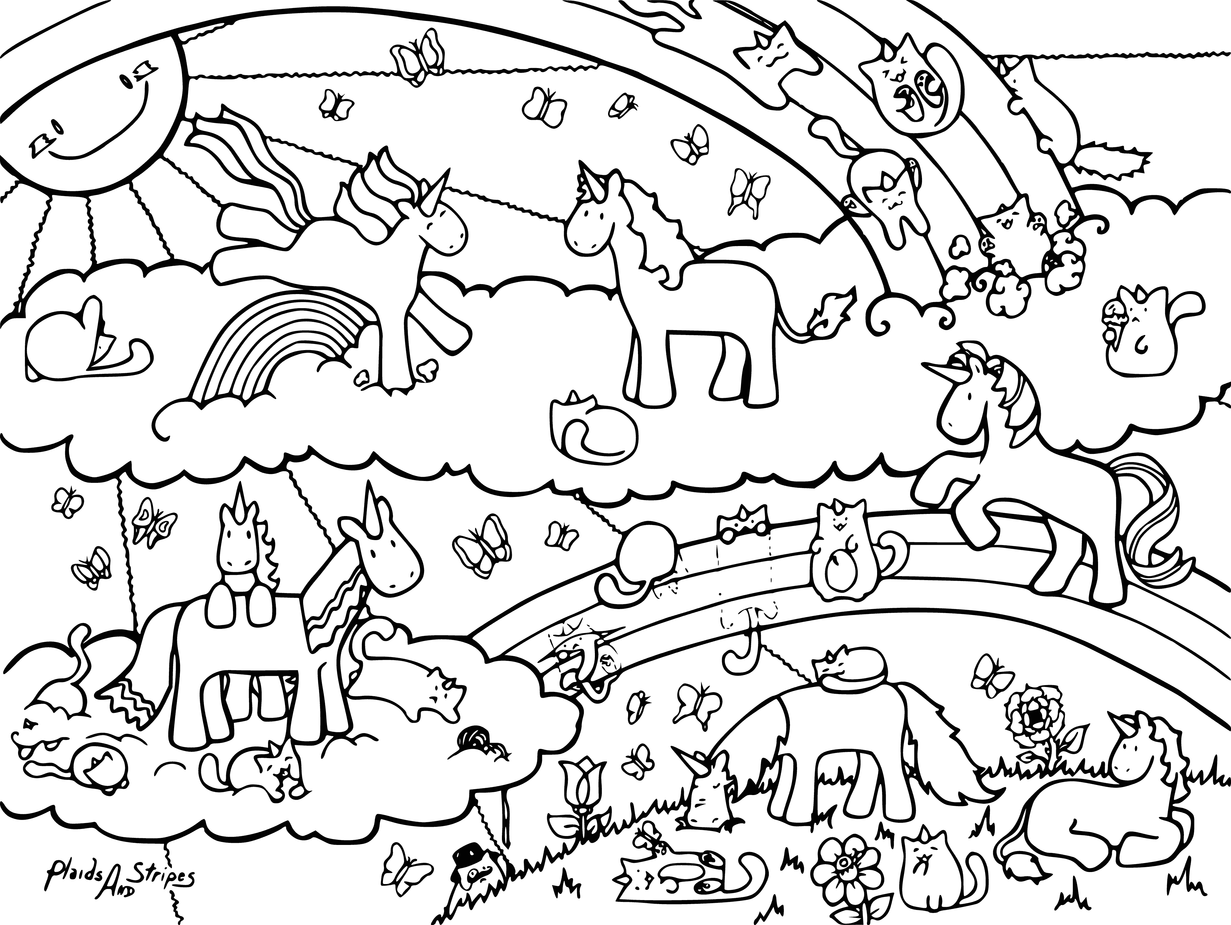 coloring page: Two unicorns and cat on a green field: purple, pink, white fur.