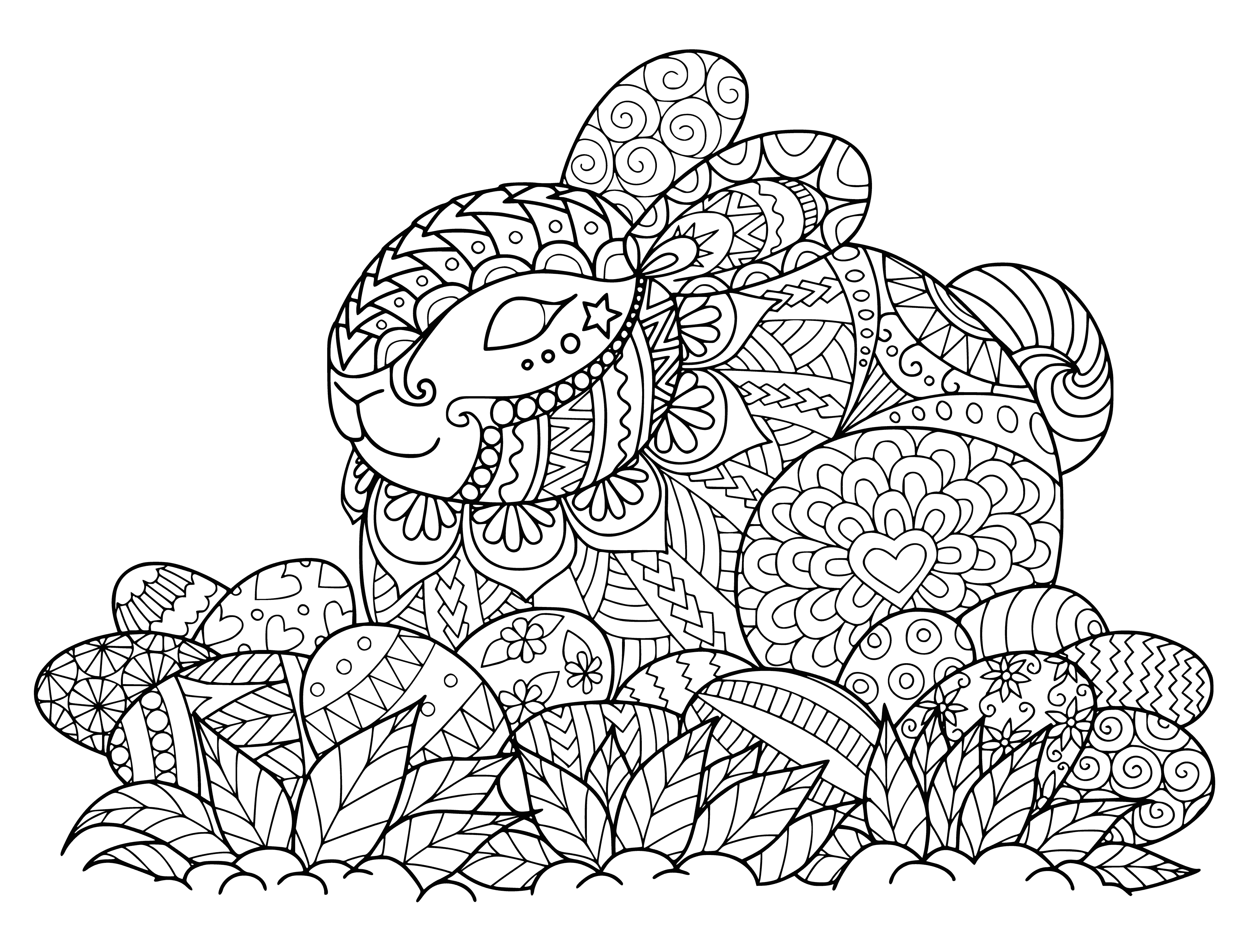 coloring page: Easter bunny holds basket of eggs, sporting a big smile. #HappyEaster!