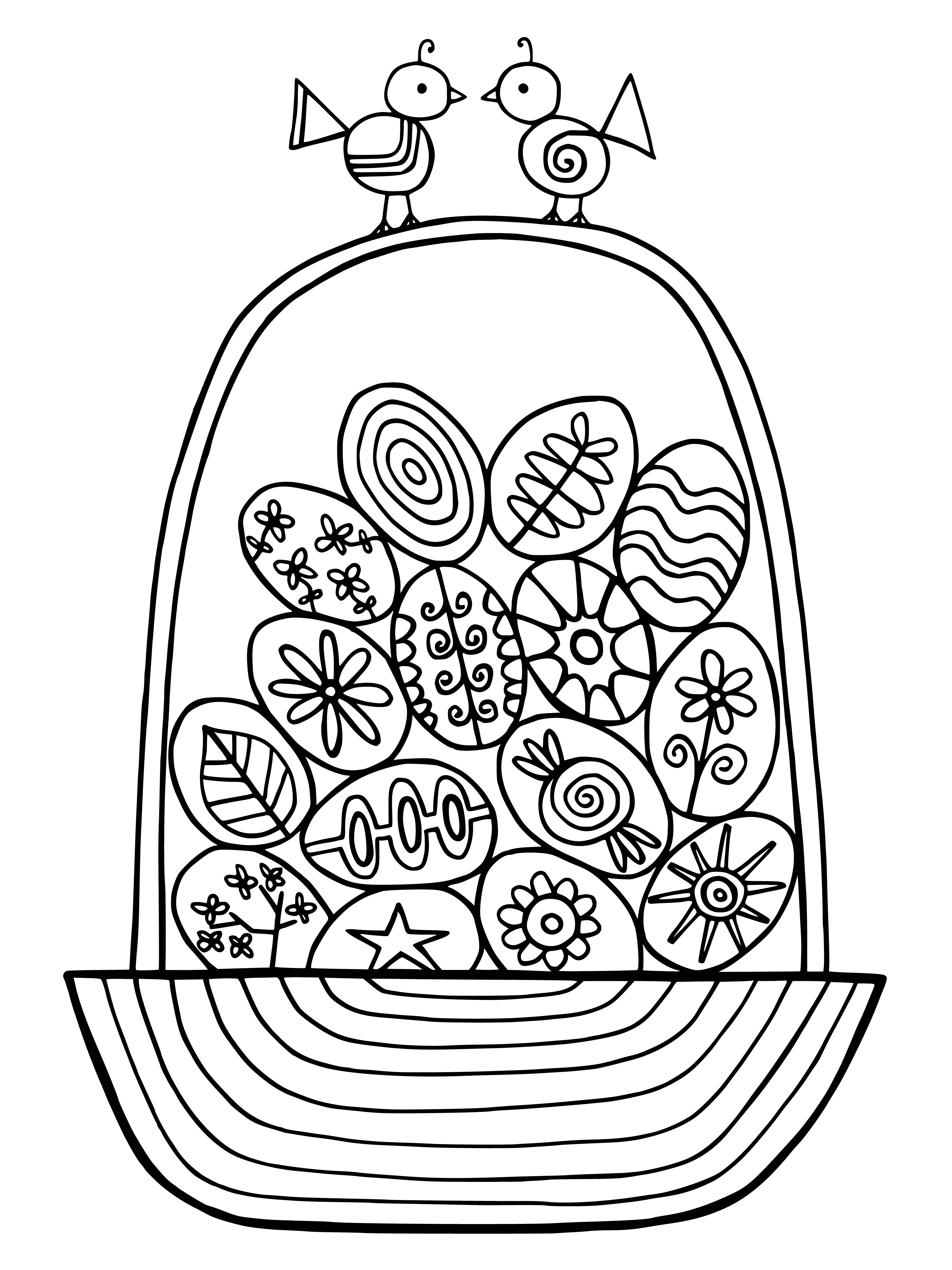 coloring page: Basket of eggs overflows with colorful eggs around large Easter egg in the center. #Easter