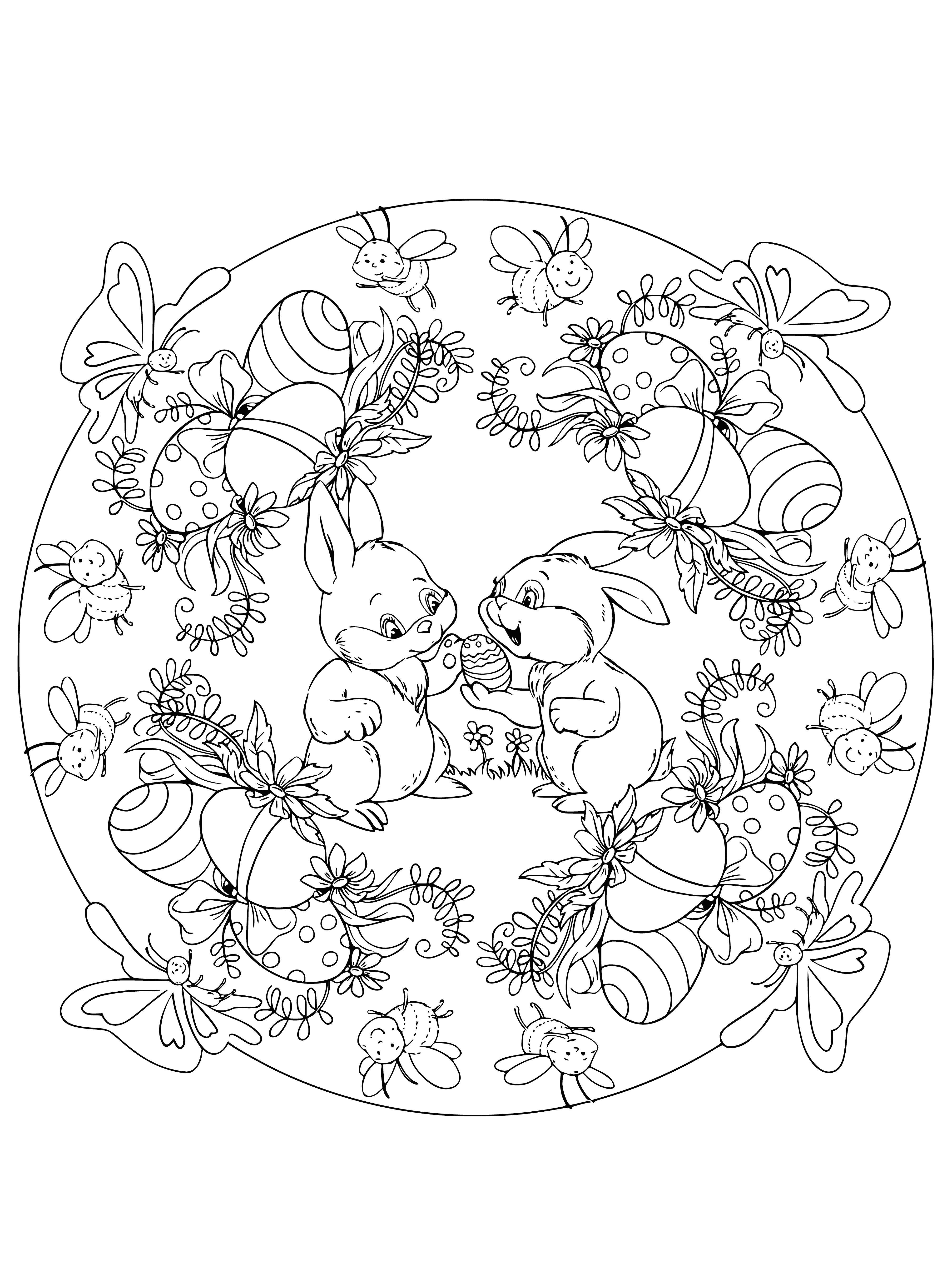 coloring page: 3 Easter bunnies: brown, white, & black, differently-sized, all standing & looking in same direction.