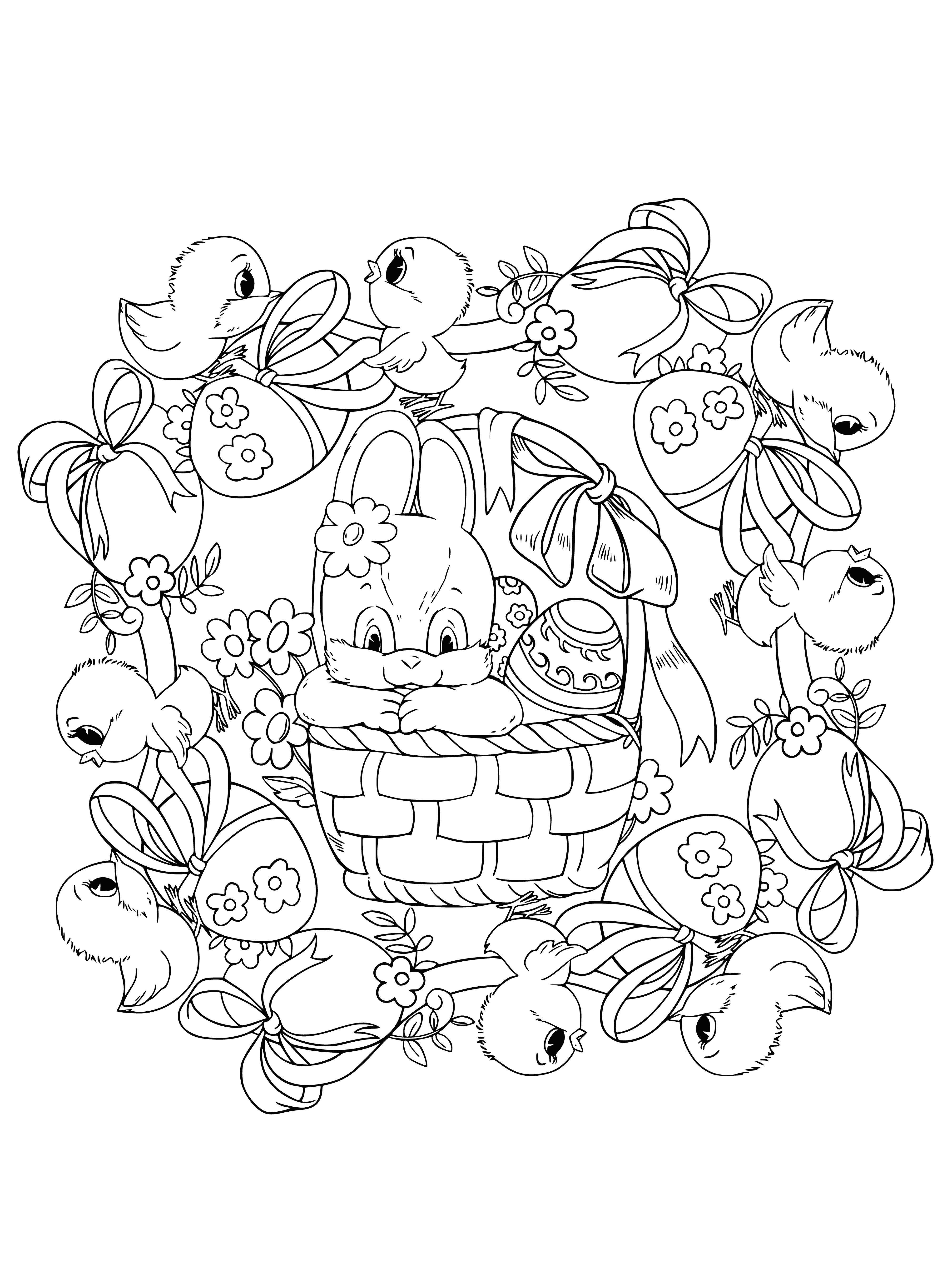 coloring page: The Easter bunny sits in a basket of eggs - some pink, blue, & yellow - smiling & holding a carrot.