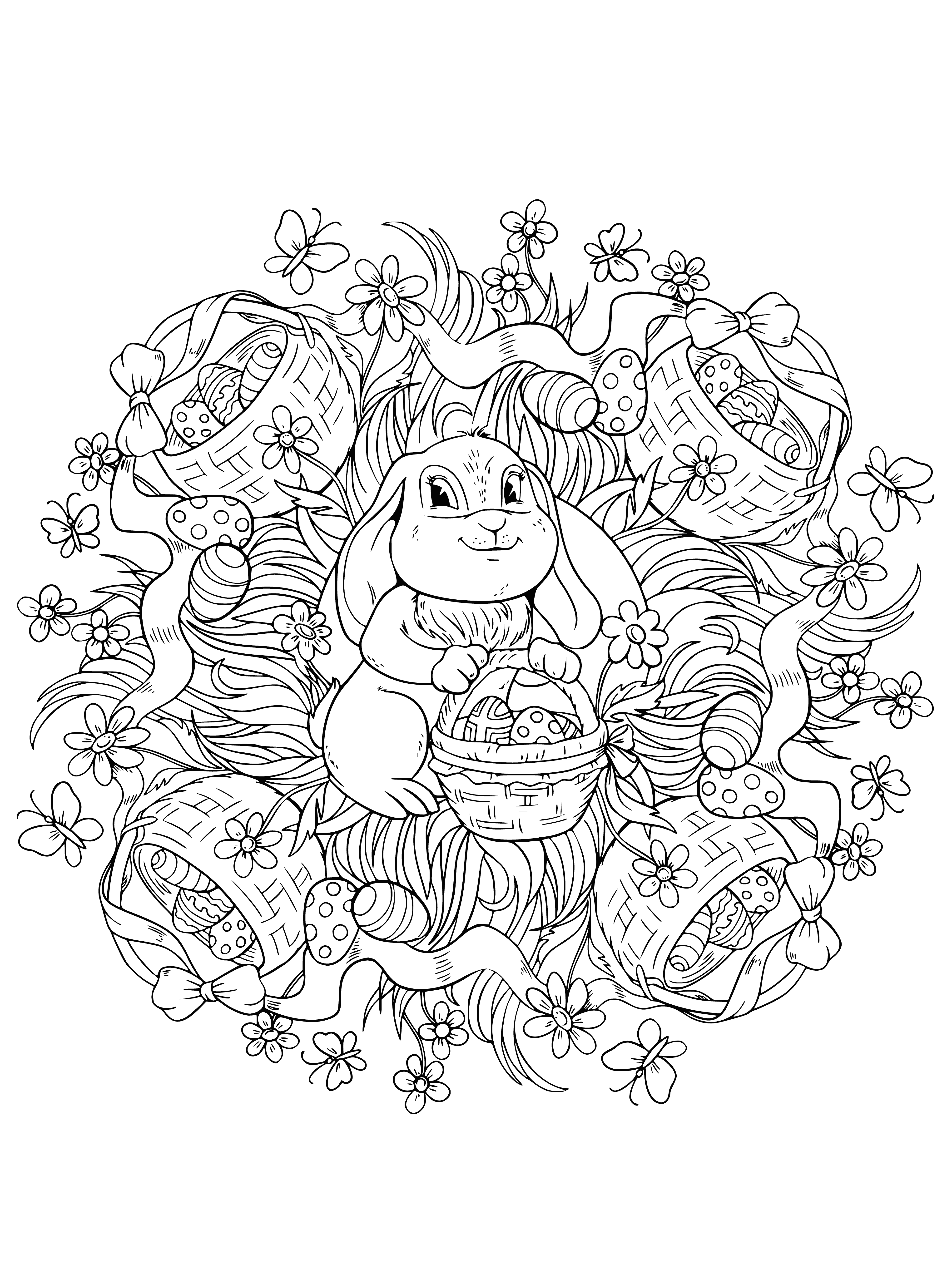 coloring page: The Easter bunny hops across the page with eggs & spring flowers, a butterfly flits nearby.