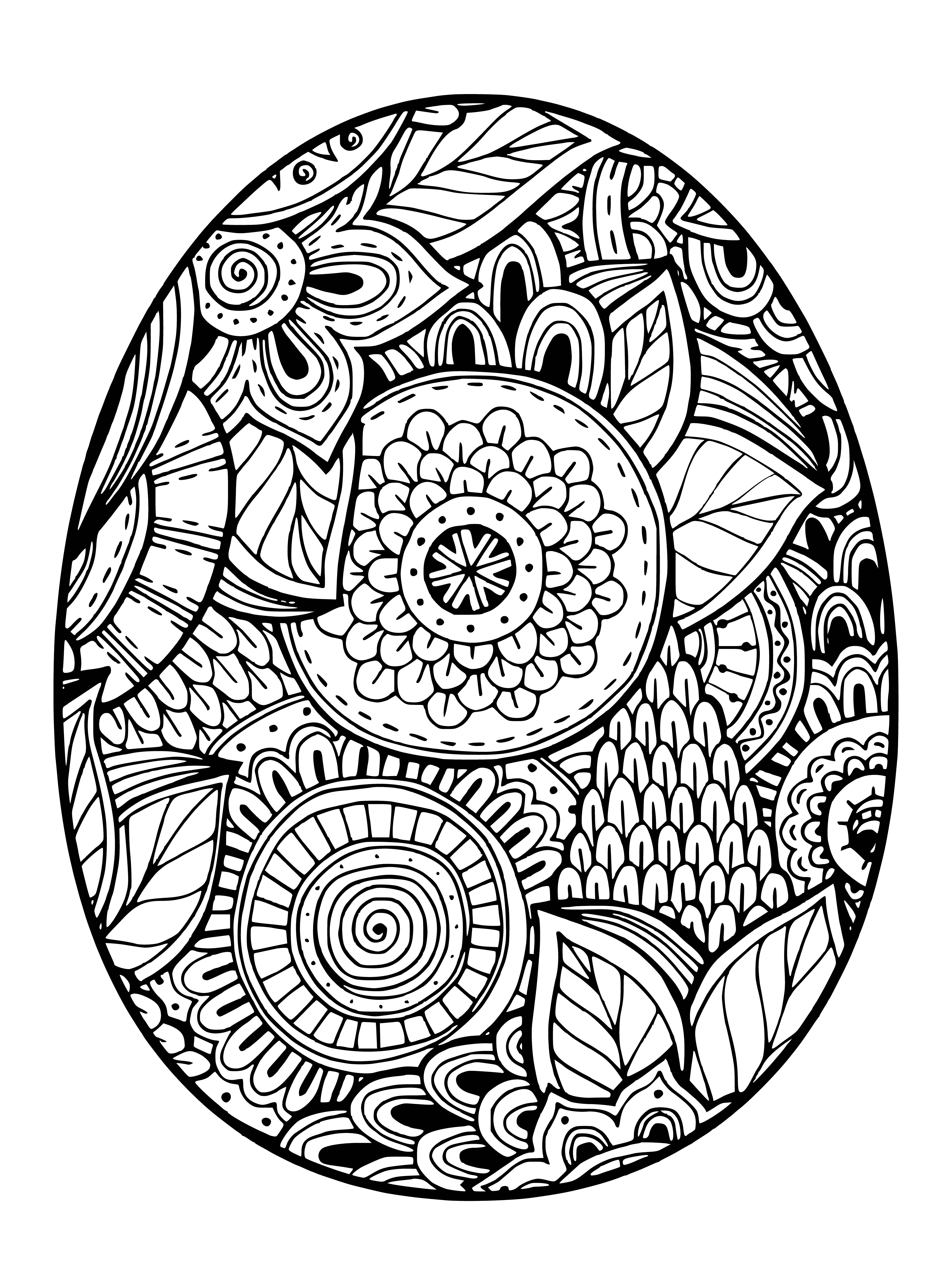 coloring page: A colored Easter egg in the center, with a bunny holding a basket of eggs next to it.