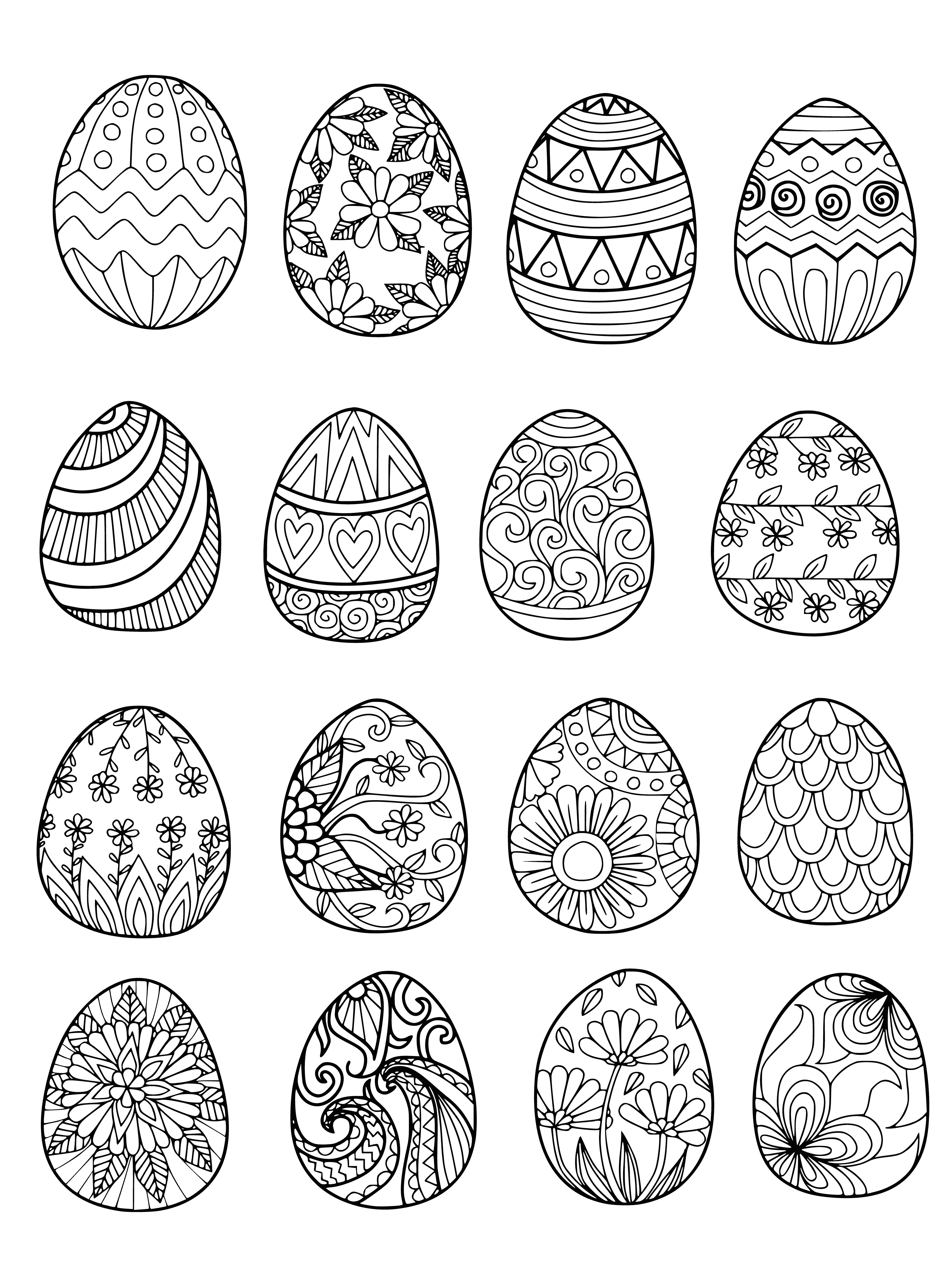 coloring page: Two Easter eggs w/spots, one blue, one yellow. Sitting side-by-side. Perfect coloring page activity!