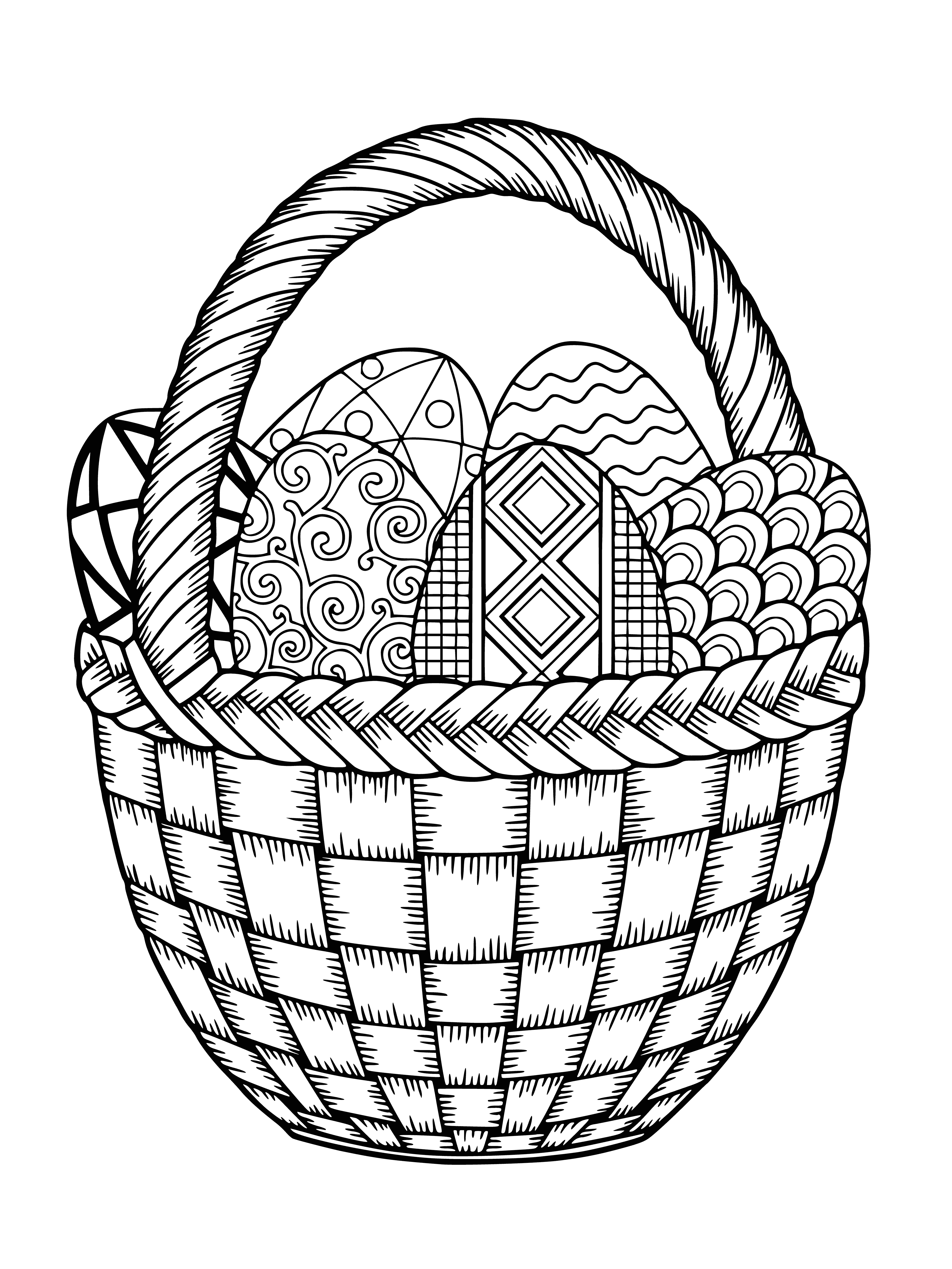 coloring page: A basket of Easter eggs, some patterned, some solid, with a bunny in it. #Easter #Baskets