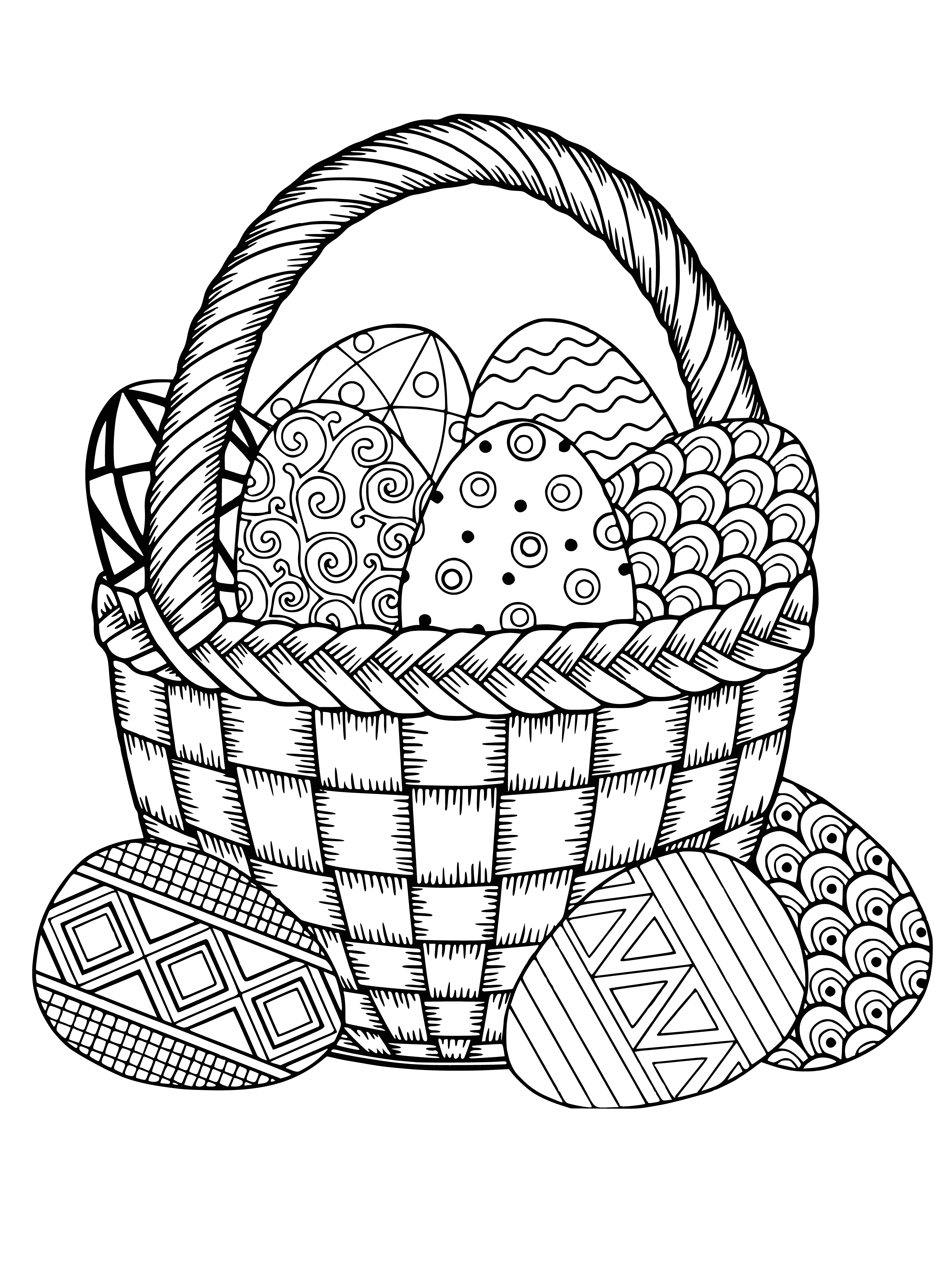 coloring page: => Basket of Easter eggs: multi-colored & decorated, plus a bunny holding an egg.