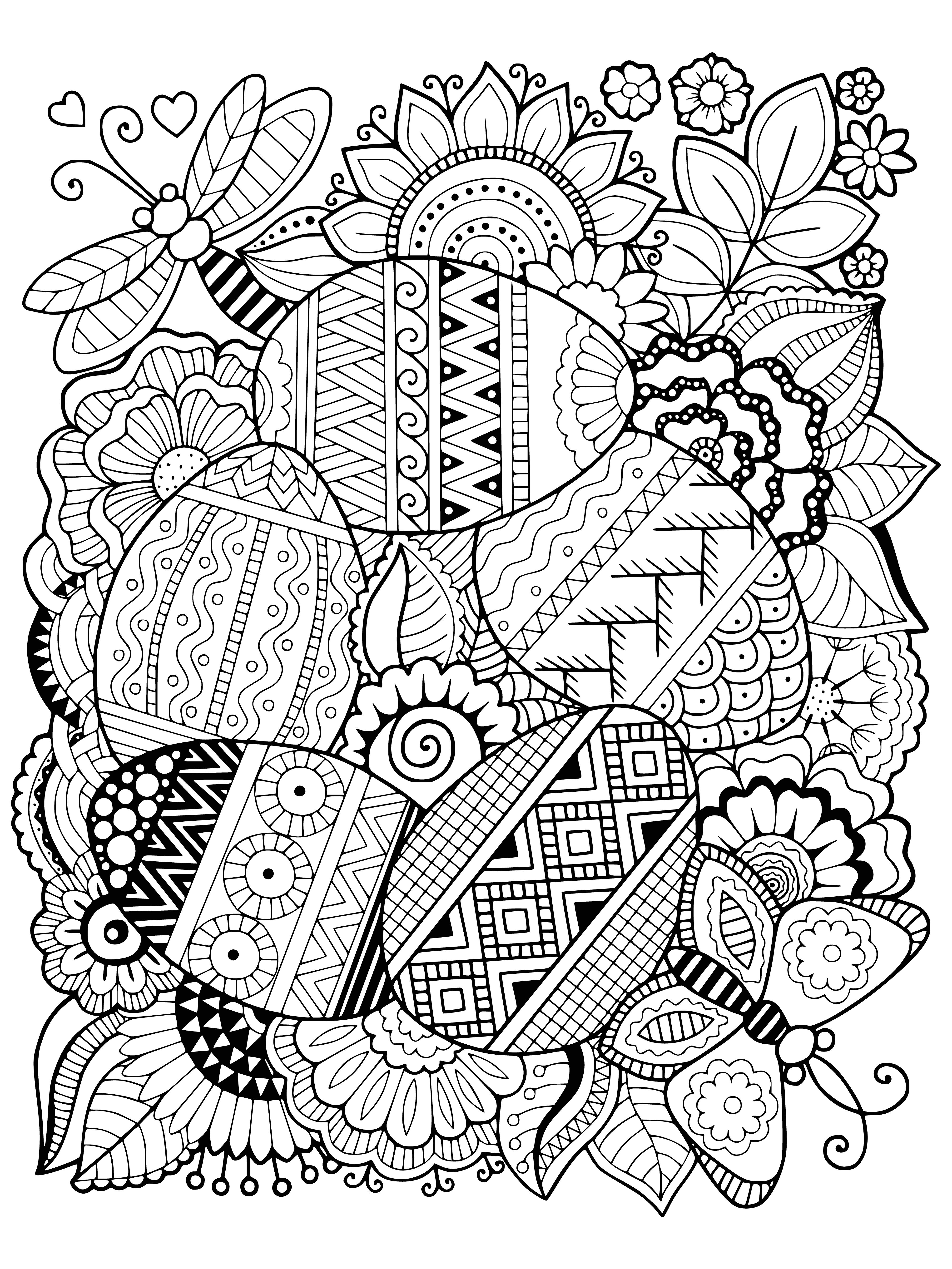 coloring page: Easter eggs of various stripes, spots, and solid colors in a basket – a delightful sight!