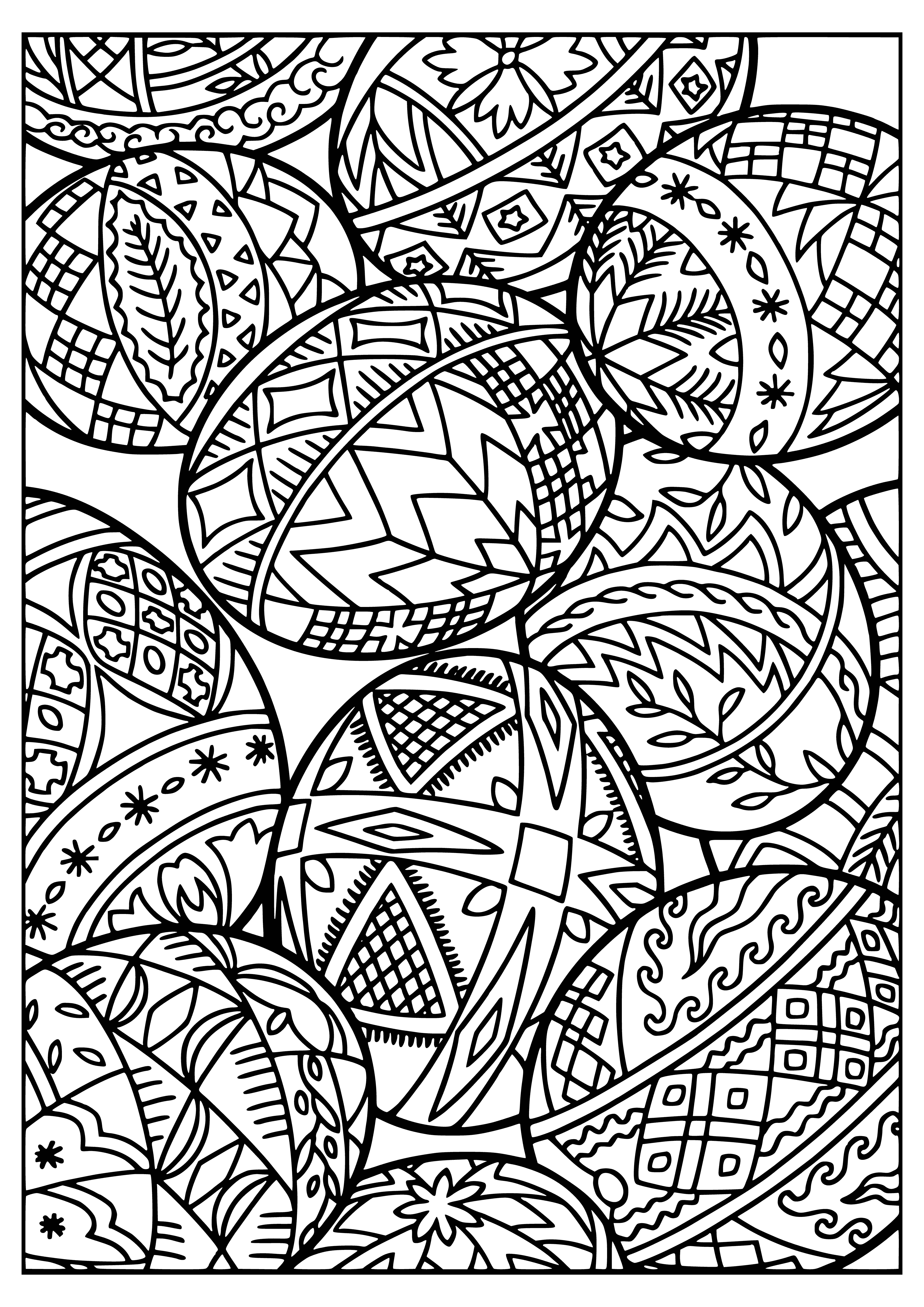 coloring page: 3 Easter eggs in this coloring page: yellow, green & pink, each with unique patterns.