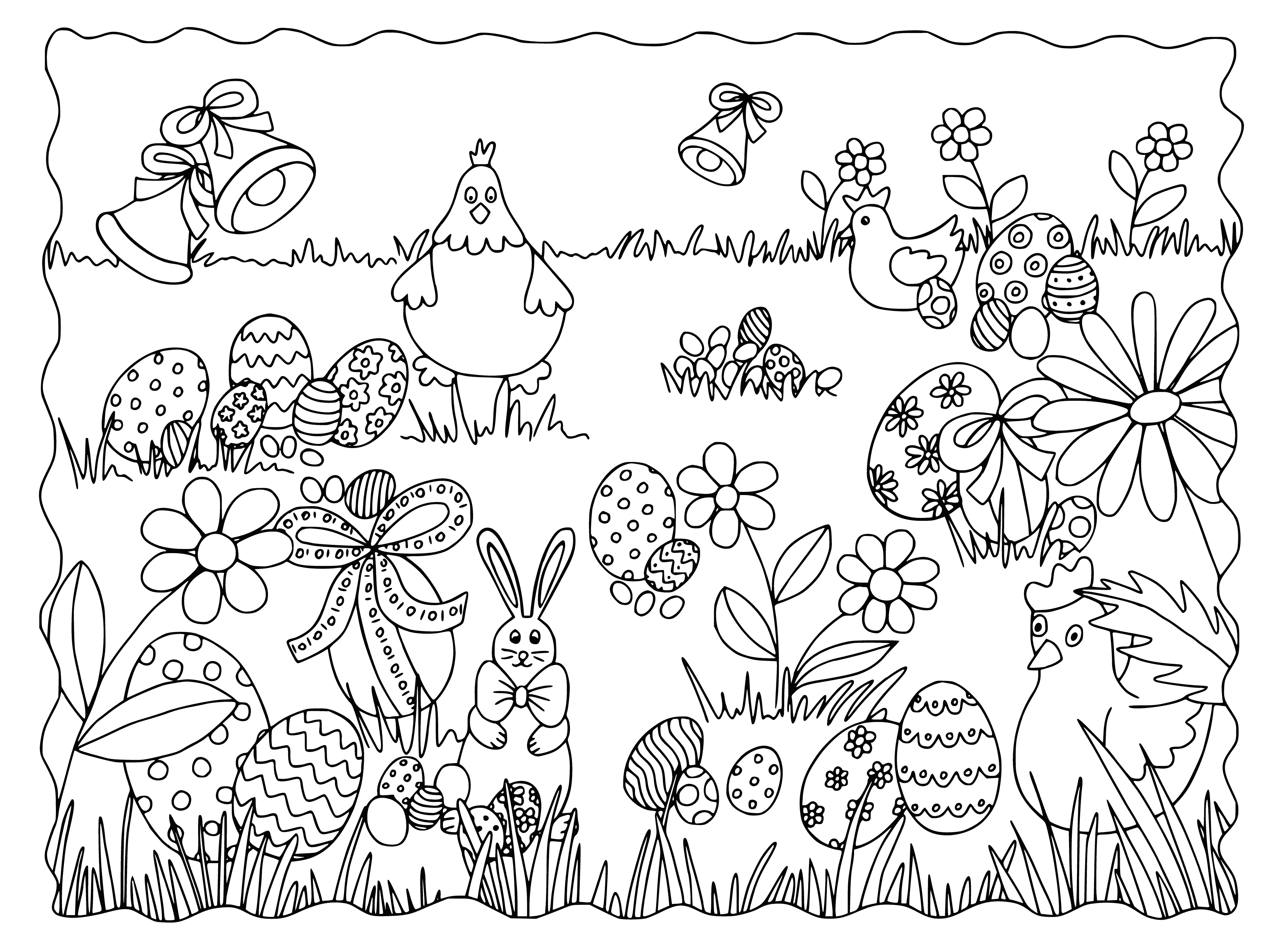 coloring page: 3 Easter coloring pages: big egg + bunny, basket of eggs & bunny holding egg.