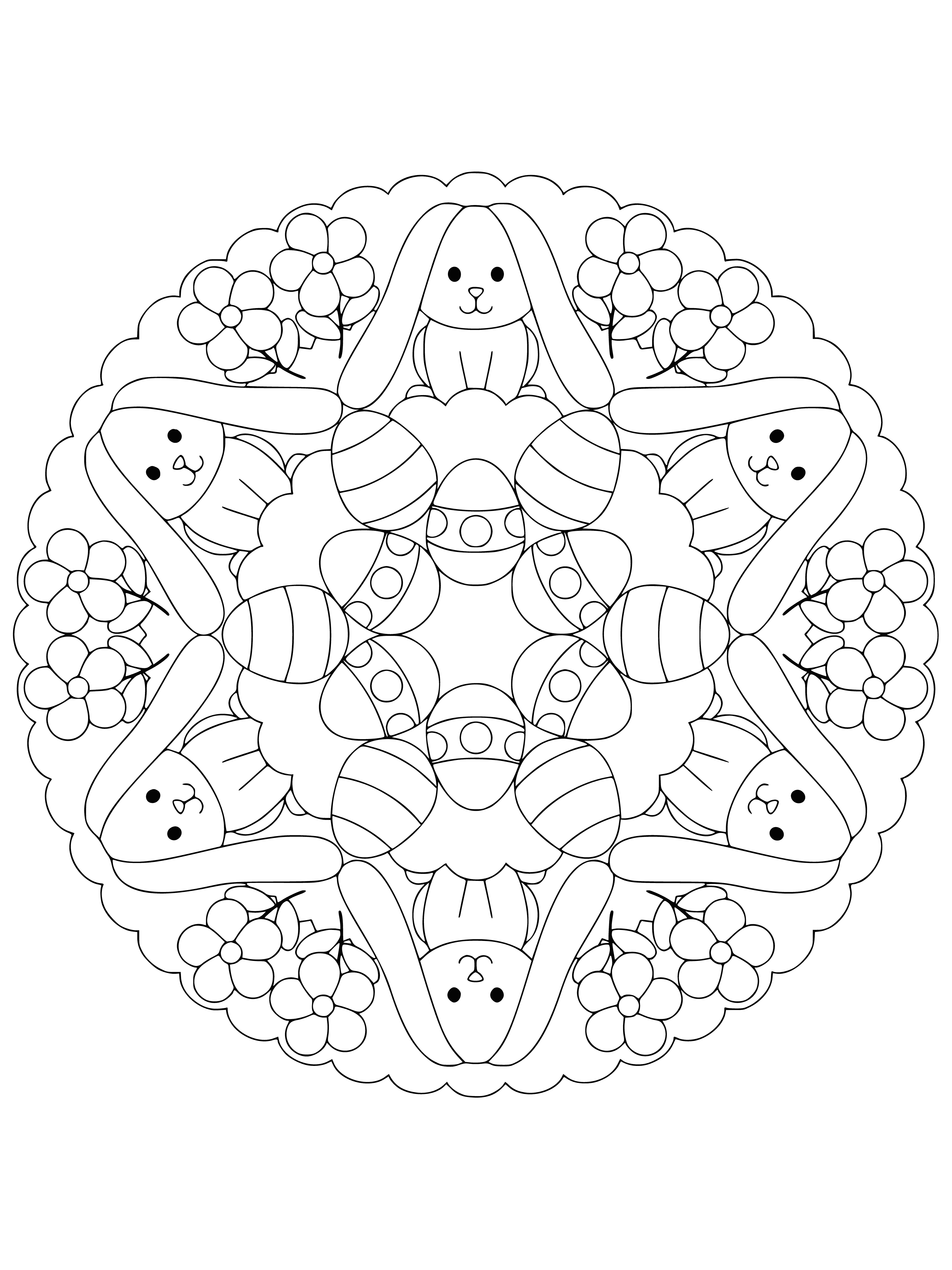 coloring page: Two fluffy bunnies holding eggs in a colorful mandala with detailed patterns and flowers ???