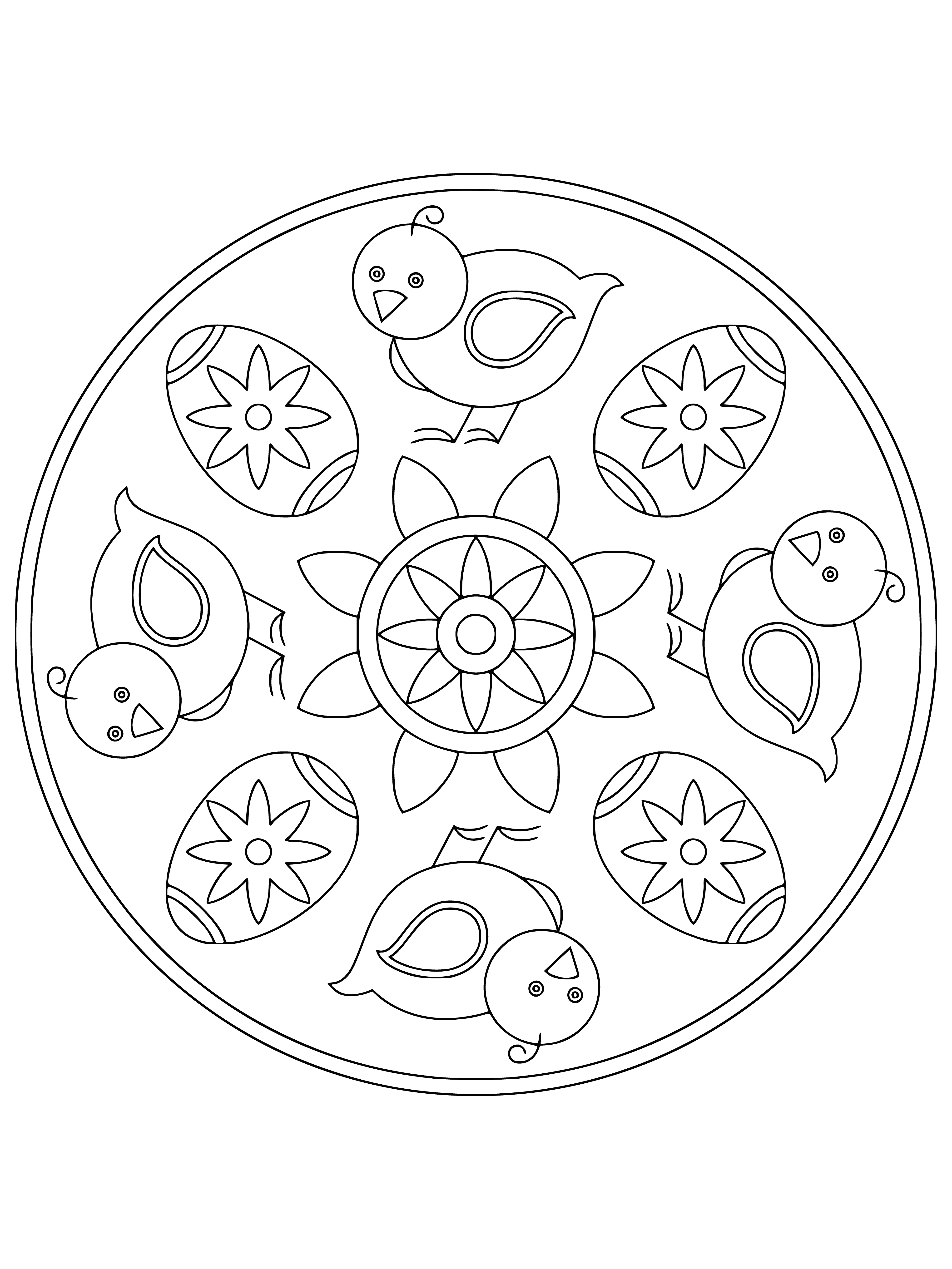 coloring page: Beautiful Easter mandala design featuring Easter eggs, bunnies, and flowers - perfect for a peaceful coloring experience.