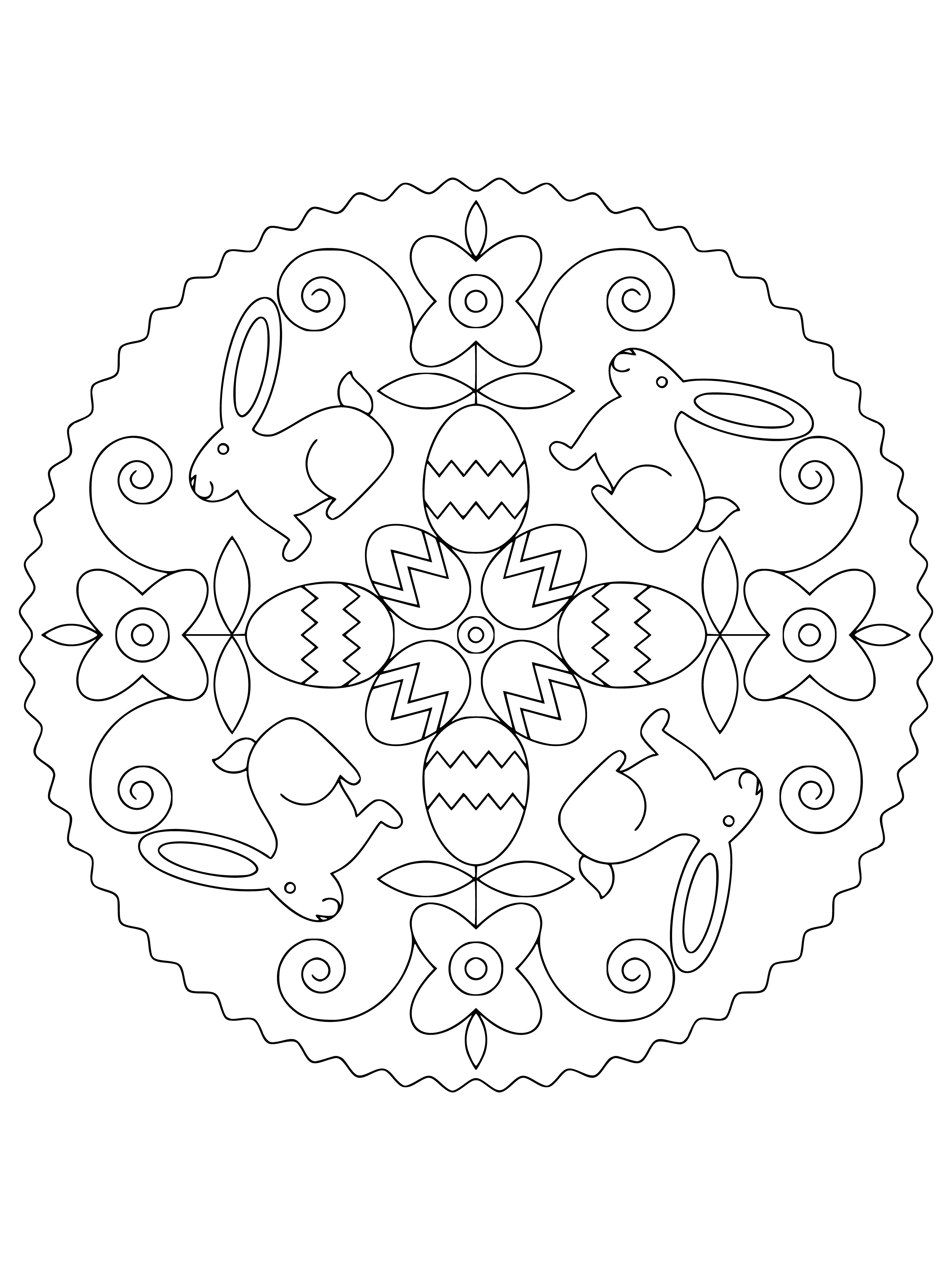 coloring page: Beautiful Easter mandala design featuring eggs, bunnies, & flowers. Perfect for a cheerful Easter coloring page! #Easter #Coloring #Mandala