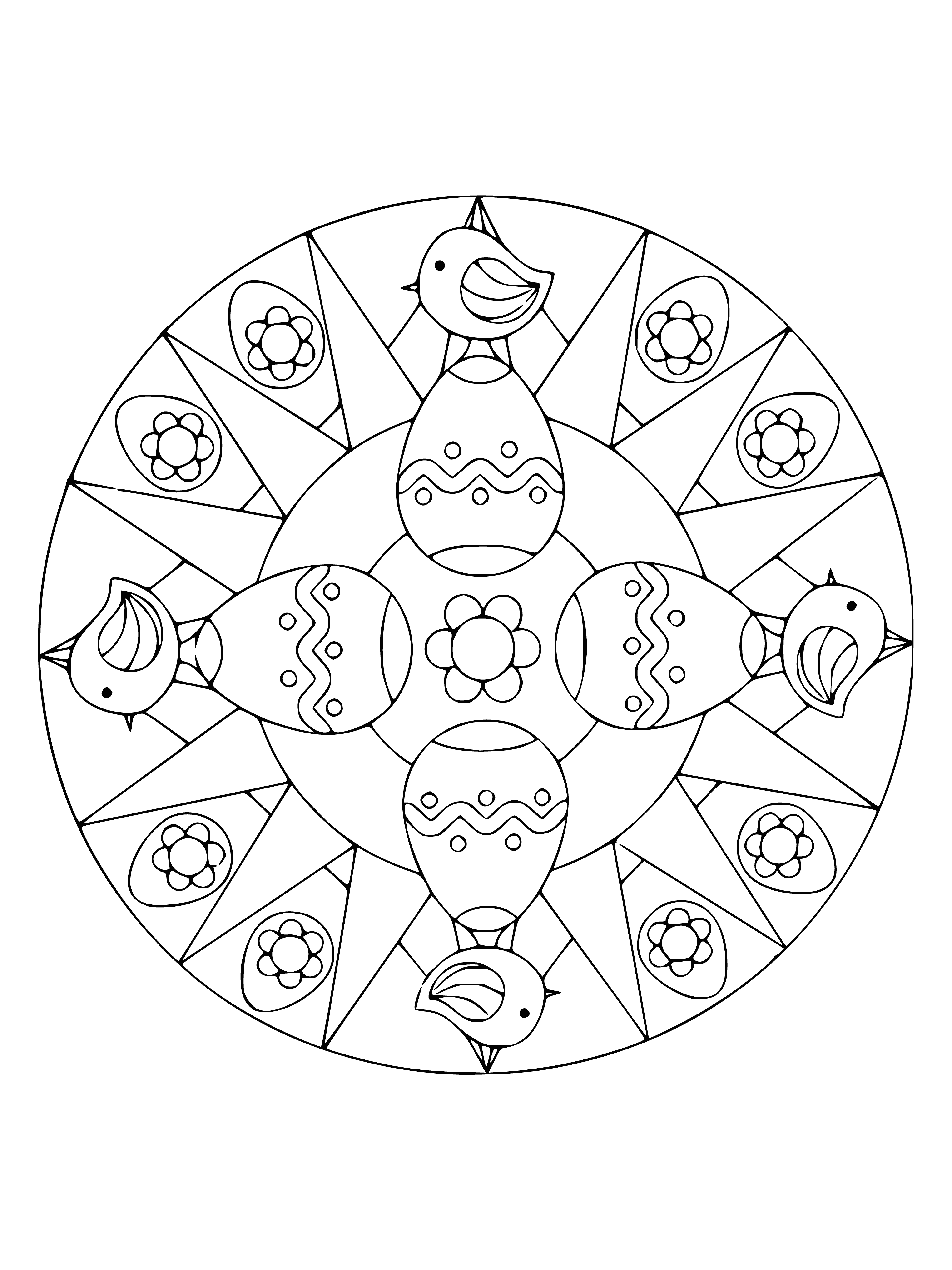 coloring page: Mandalas are religious/spiritual symbols used for meditation & art. The Easter mandala has a central cross surrounded by Easter eggs, bunnies, flowers & words.