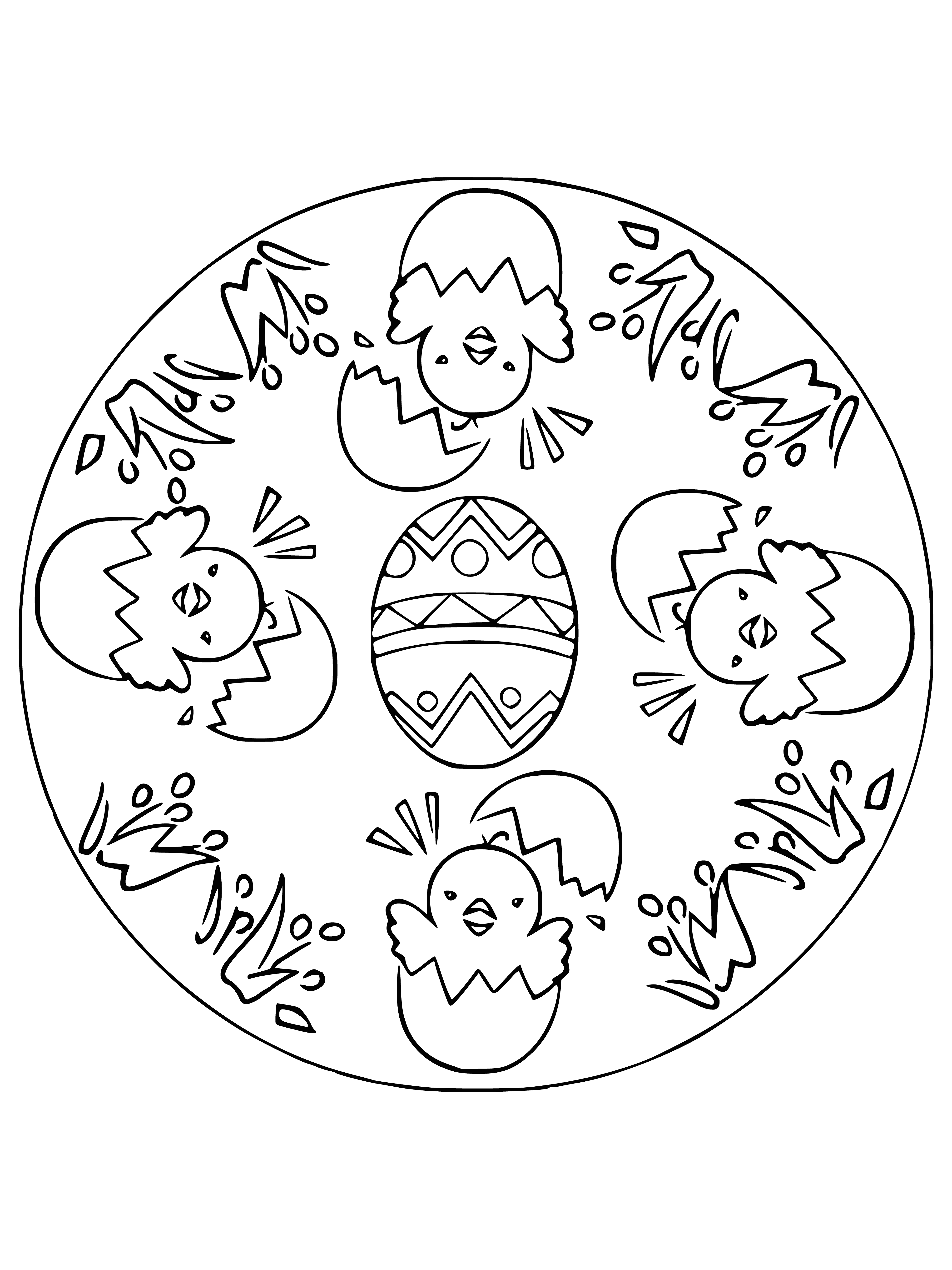 coloring page: -> Intricate mandala w/ yellow egg and green plant in center, purple flowers around edge.