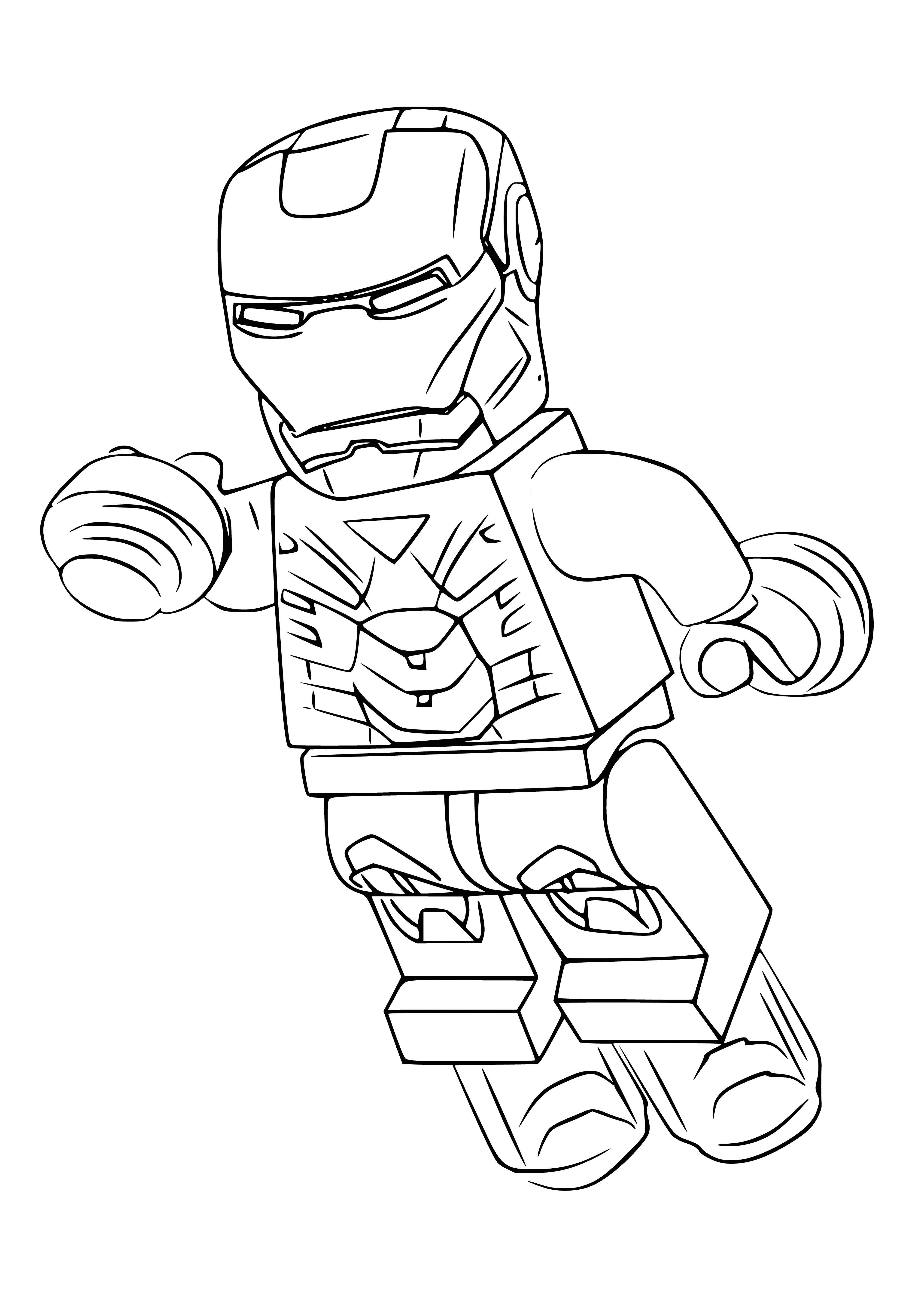 coloring page: Lego Iron Man stands on a circular baseplate & wears a red & gold suit w/black arc reactor & wings. He's holding a black gun in his right hand. #lego #superhero