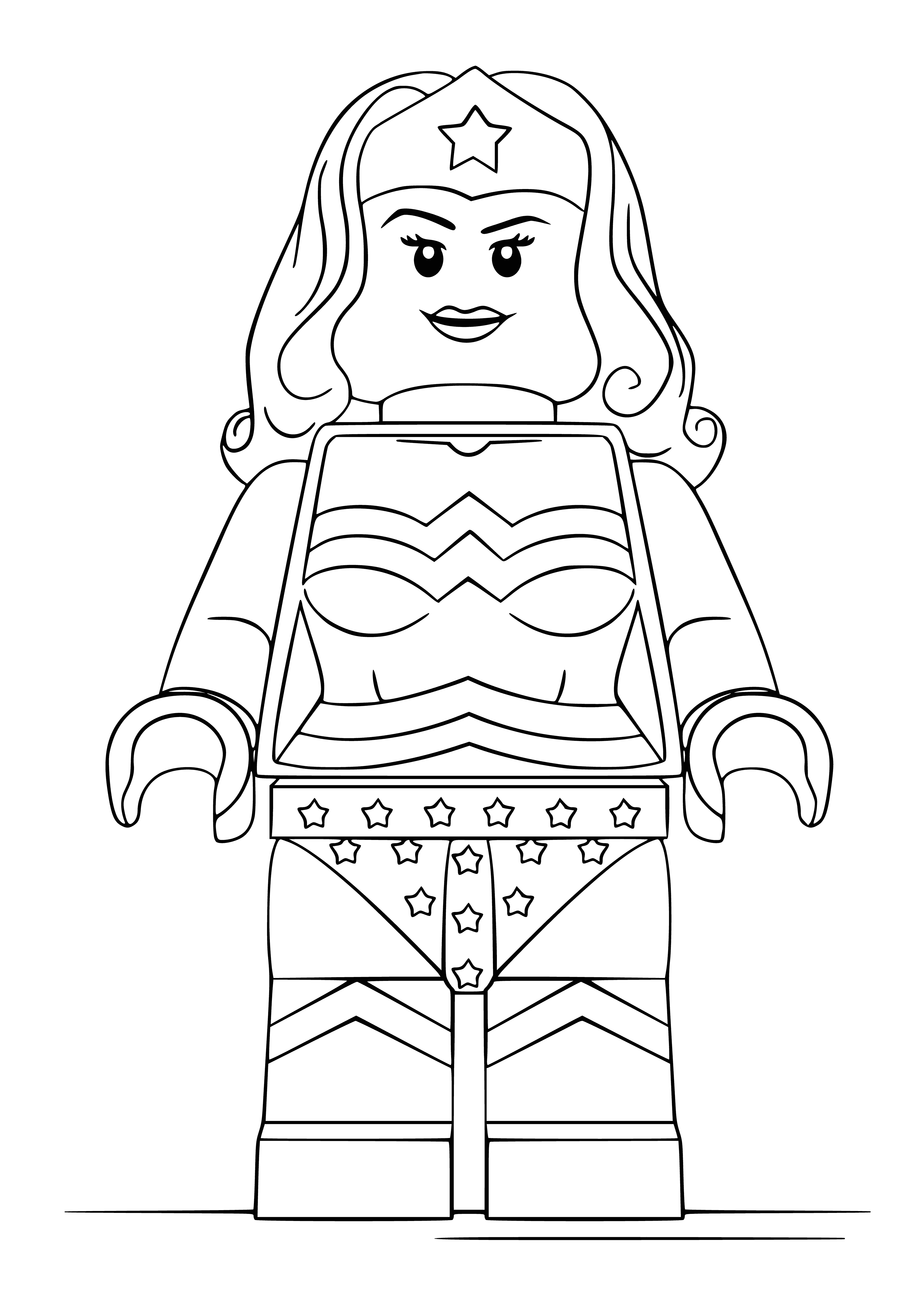 coloring page: Superwoman flying with red cape, blue suit and yellow logo, dark brown hair pulled back in a bun.