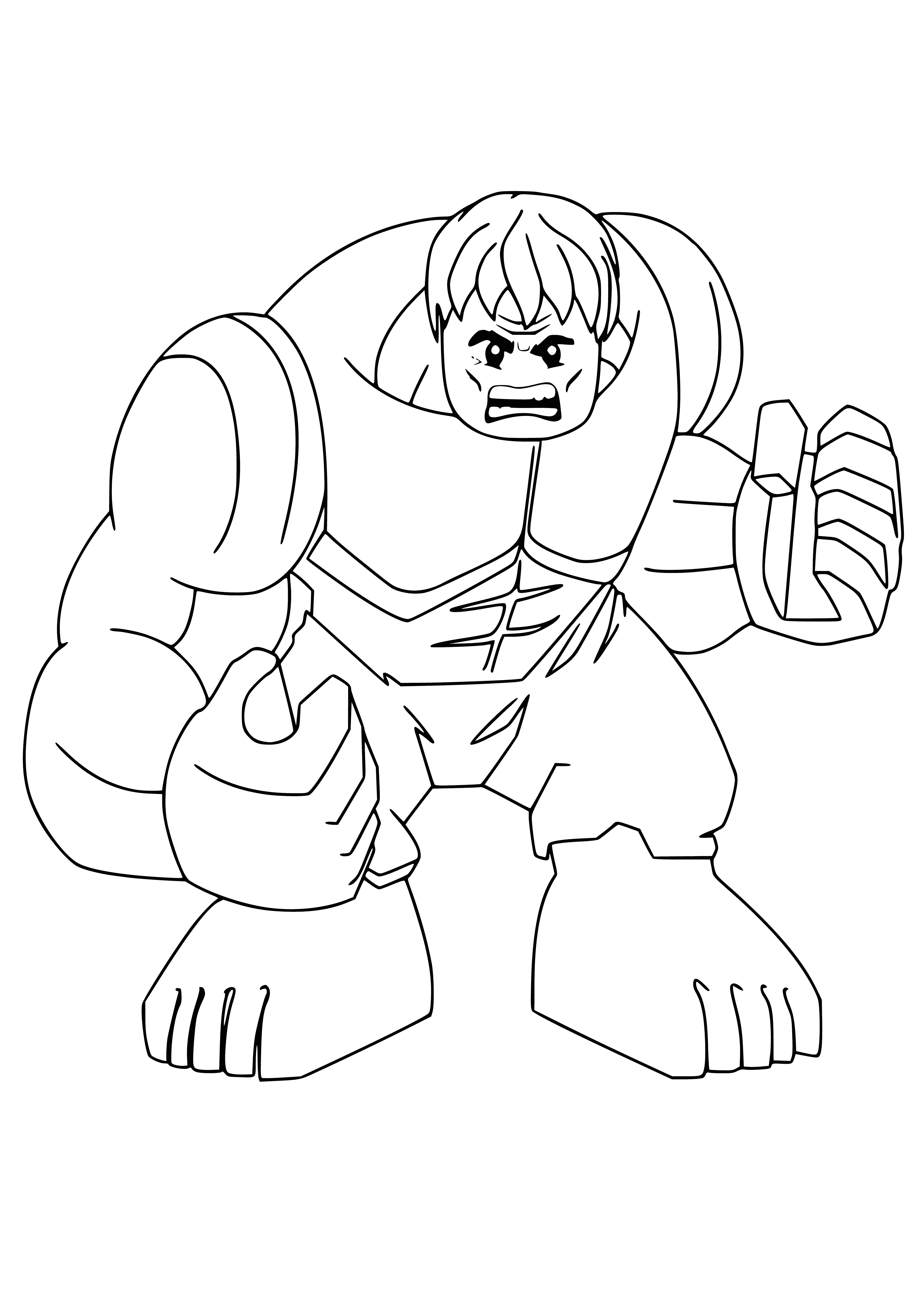 coloring page: Green figure w/ big muscles has black eyes, mouth, hair. Wears purple/yellow "H" shirt, purple shorts & black boots. Holding dark gray hammer in right hand.