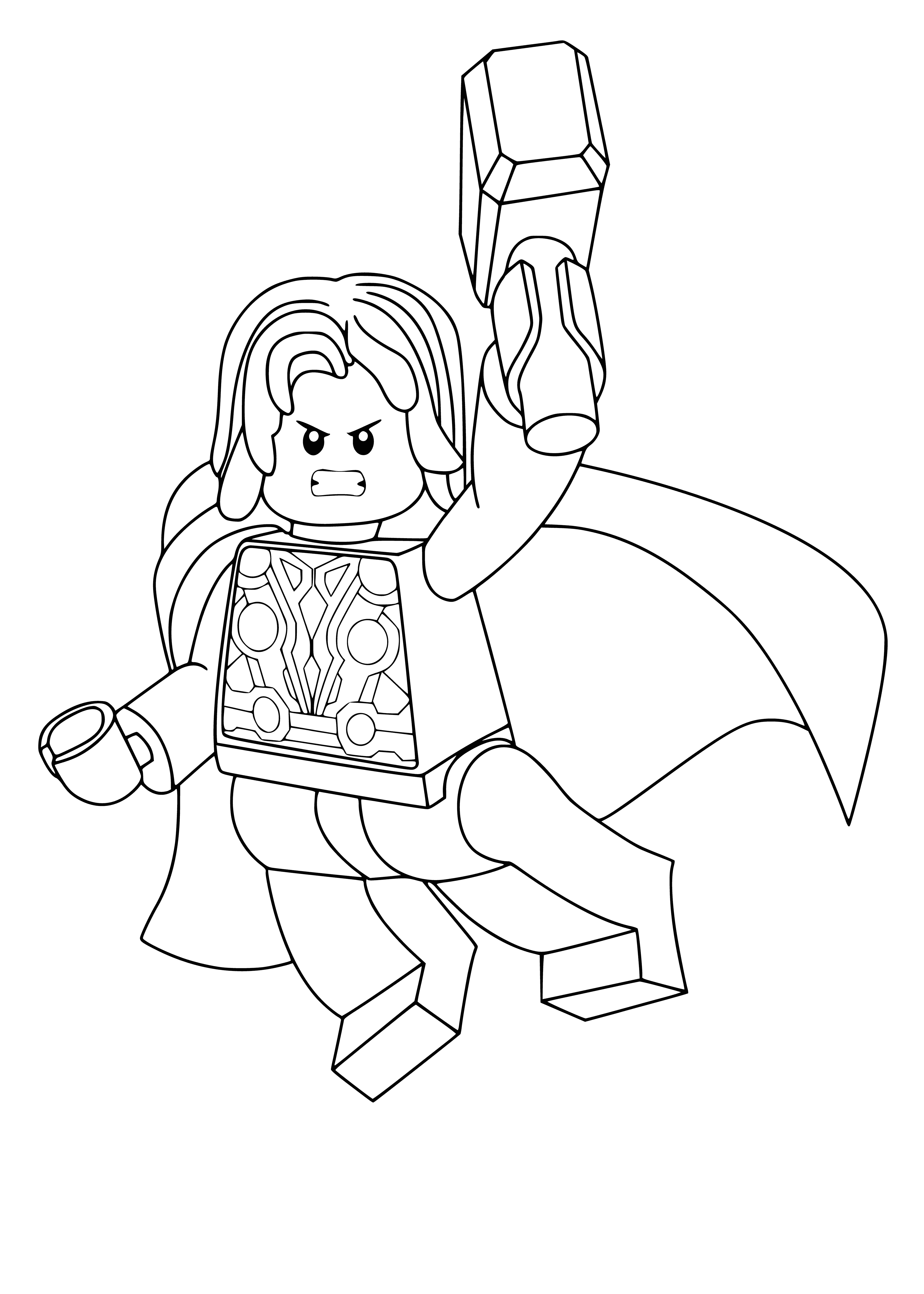 coloring page: Man strikes hammer with strength & determination, wearing blue/white cape & gold/red armor w/yellow accents.