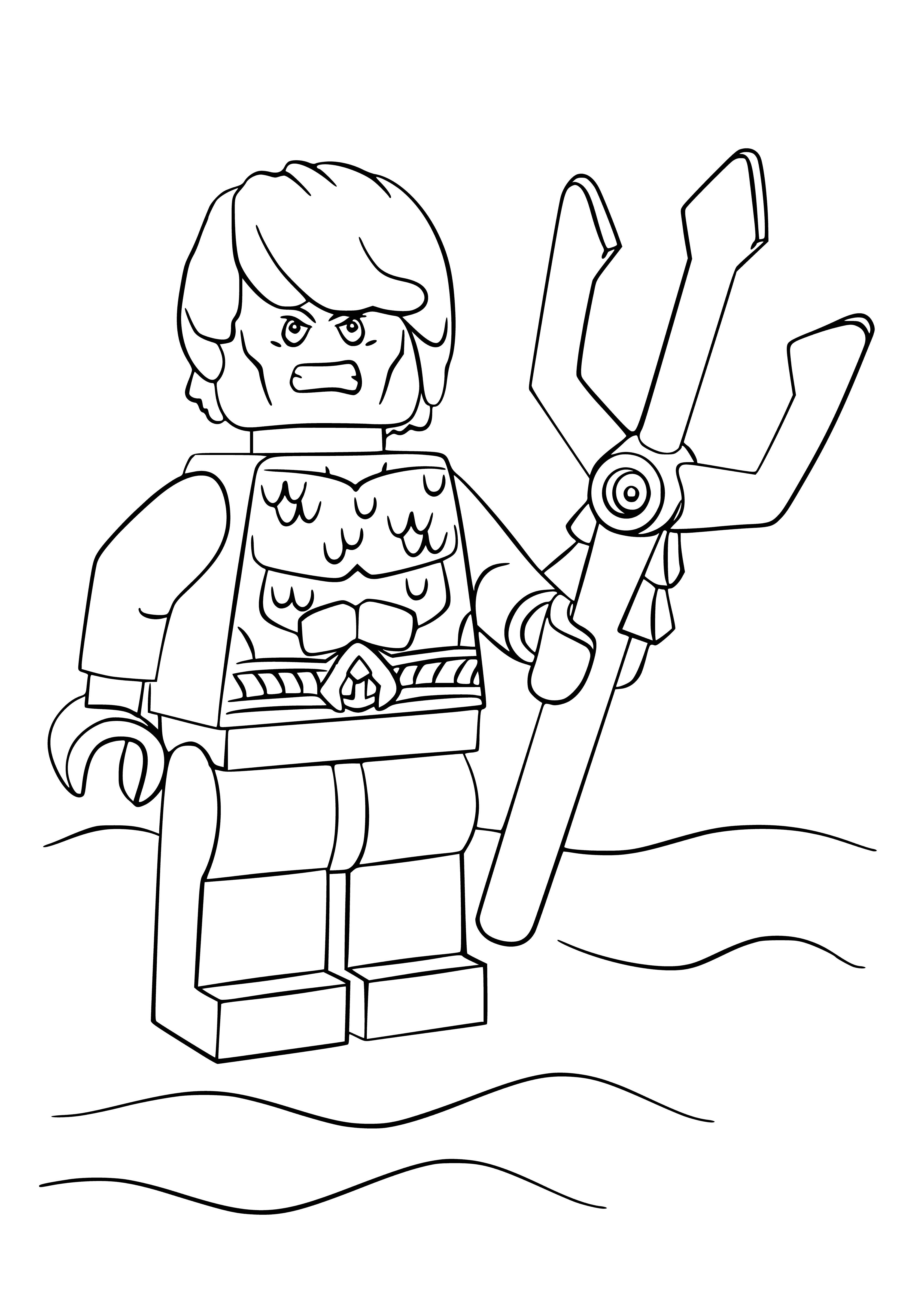 coloring page: Aquaman is a powerful Lego superhero and king of the seven seas with a trident and special abilities to fight and communicate with sea life.
