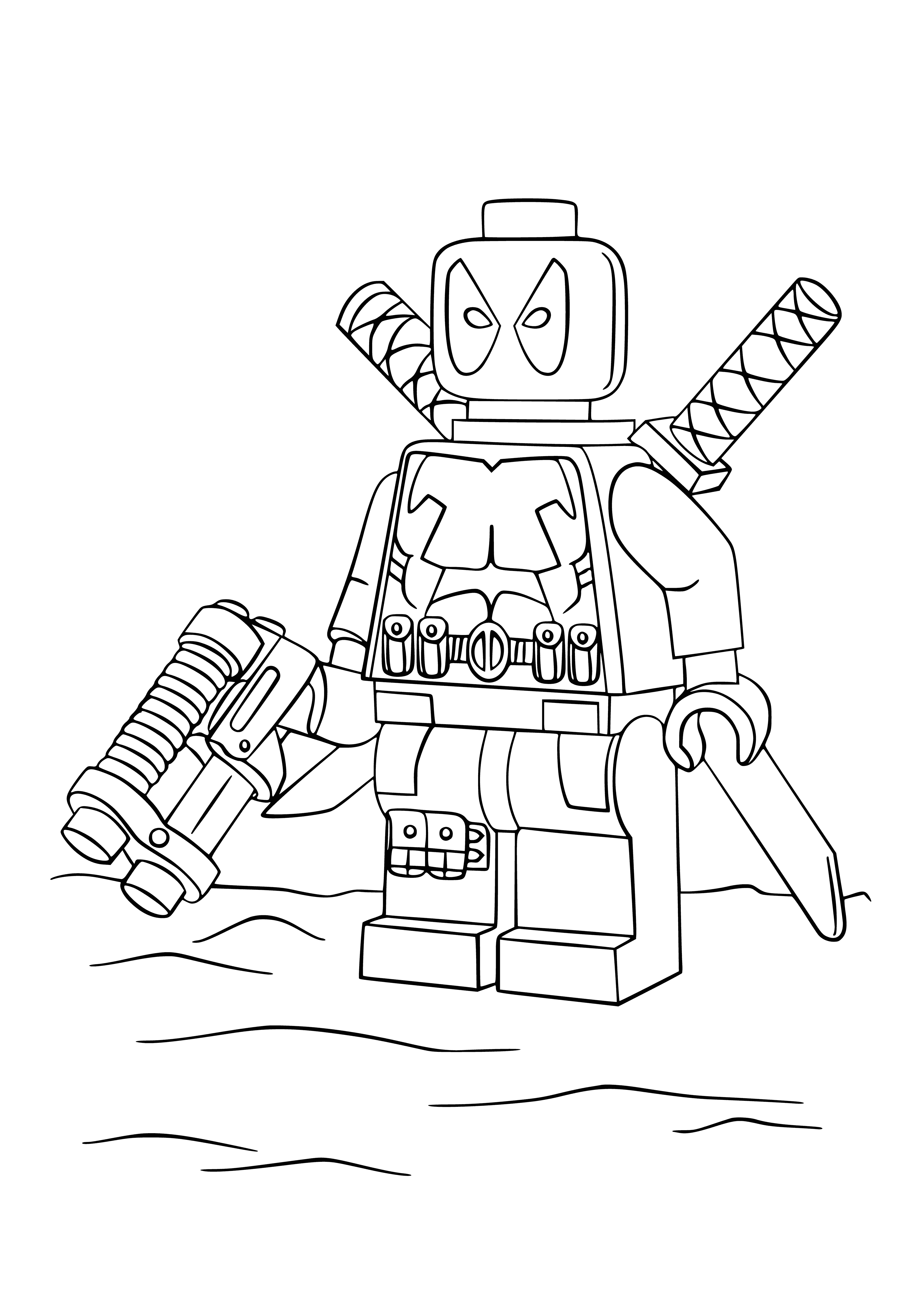 coloring page: Deadpool minifigure stands in a Lego cityscape, wearing red/black mask & suit, white eyes & open smile, swords crossed in front of him. #Lego #Marvel