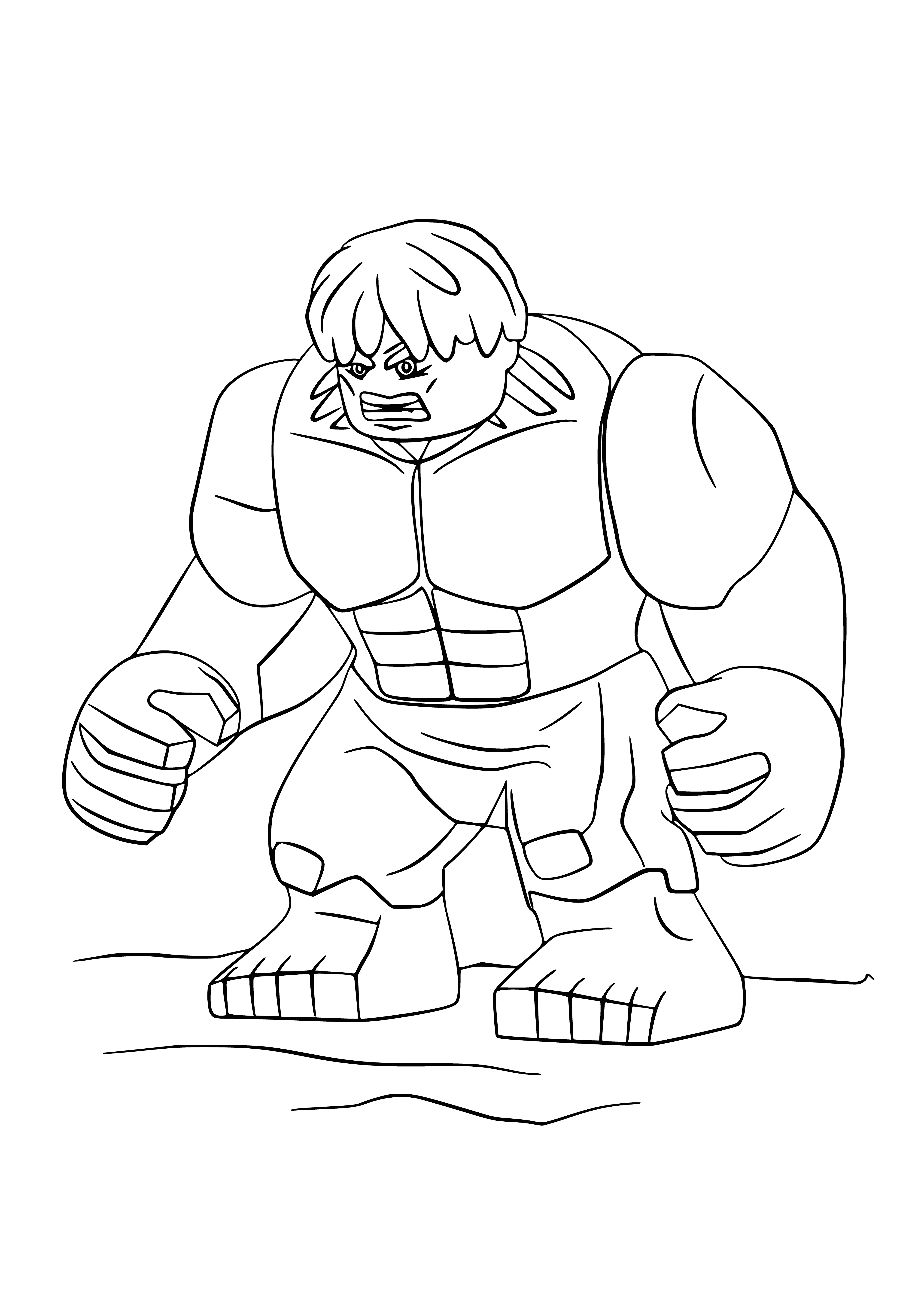 coloring page: Hulk stands strong, green & muscular with purple shorts, black belt & black hair, ready for action with his angry look. #Avengers