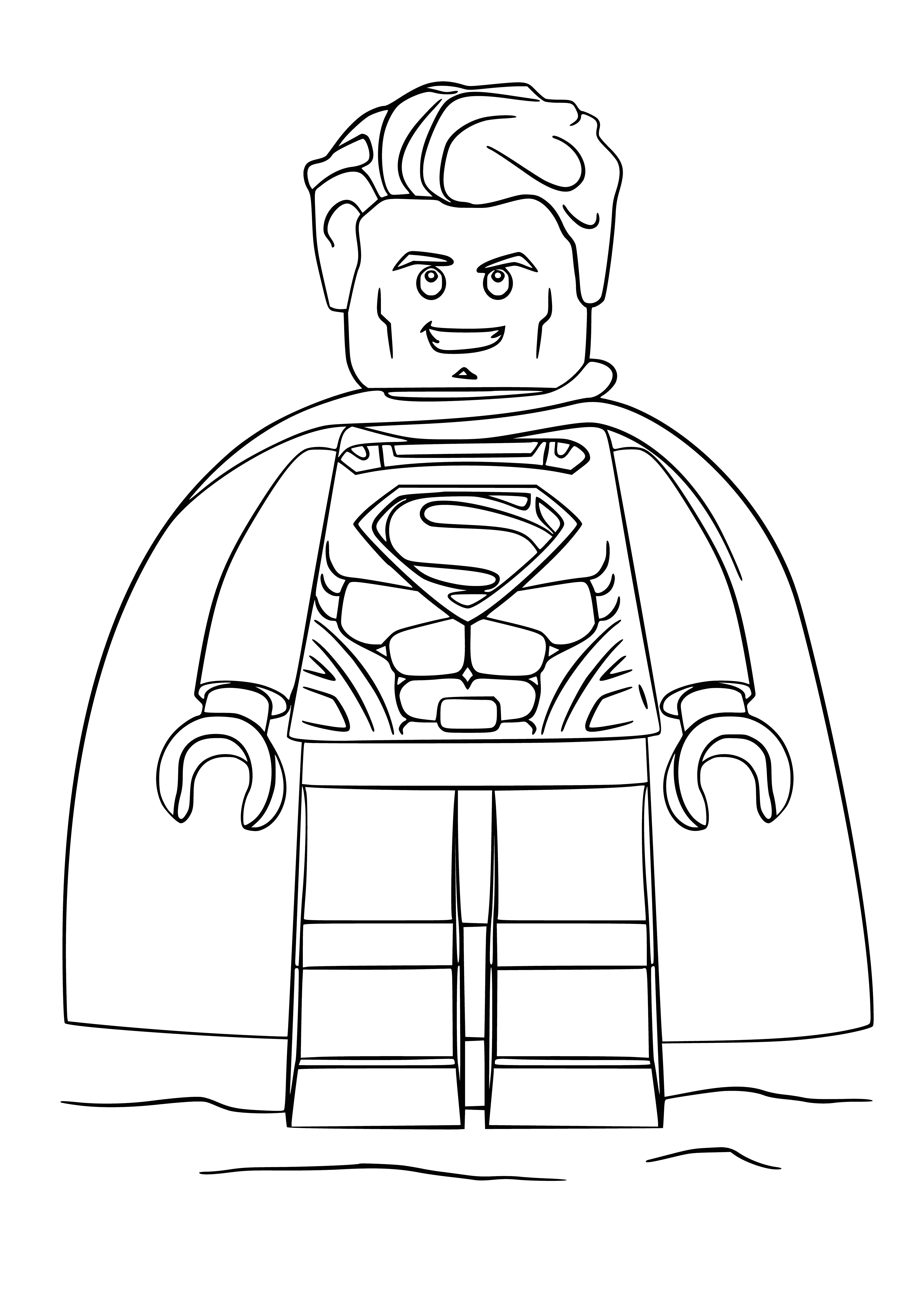 coloring page: Superman confidently facing side, wearing blue cape and red/blue suit with iconic logo, black hair and black belt.