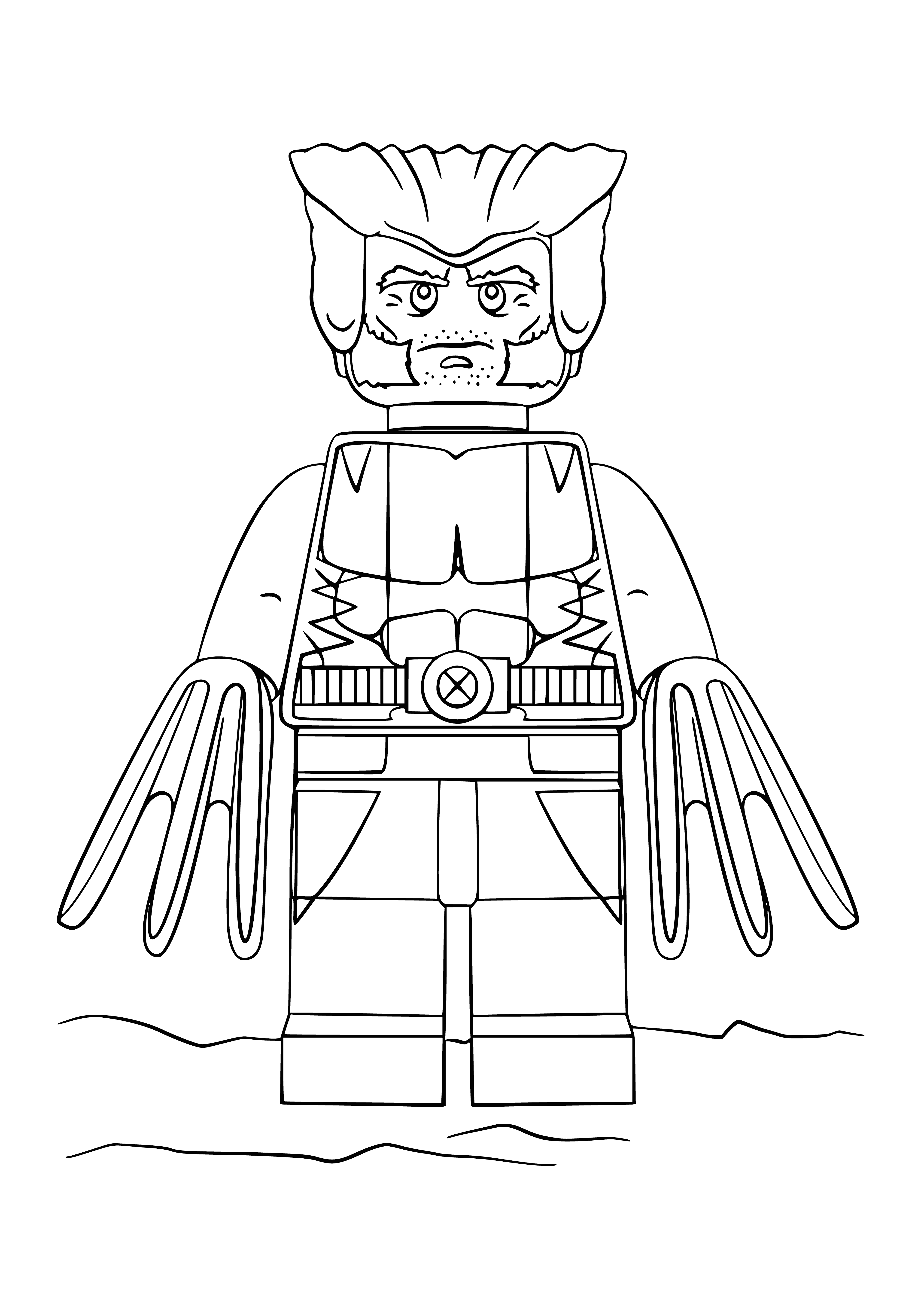 coloring page: Wolverine rides a motorcycle, two swords in hand, in a yellow/brown suit with armour & a facial mask - except for two furry ears.