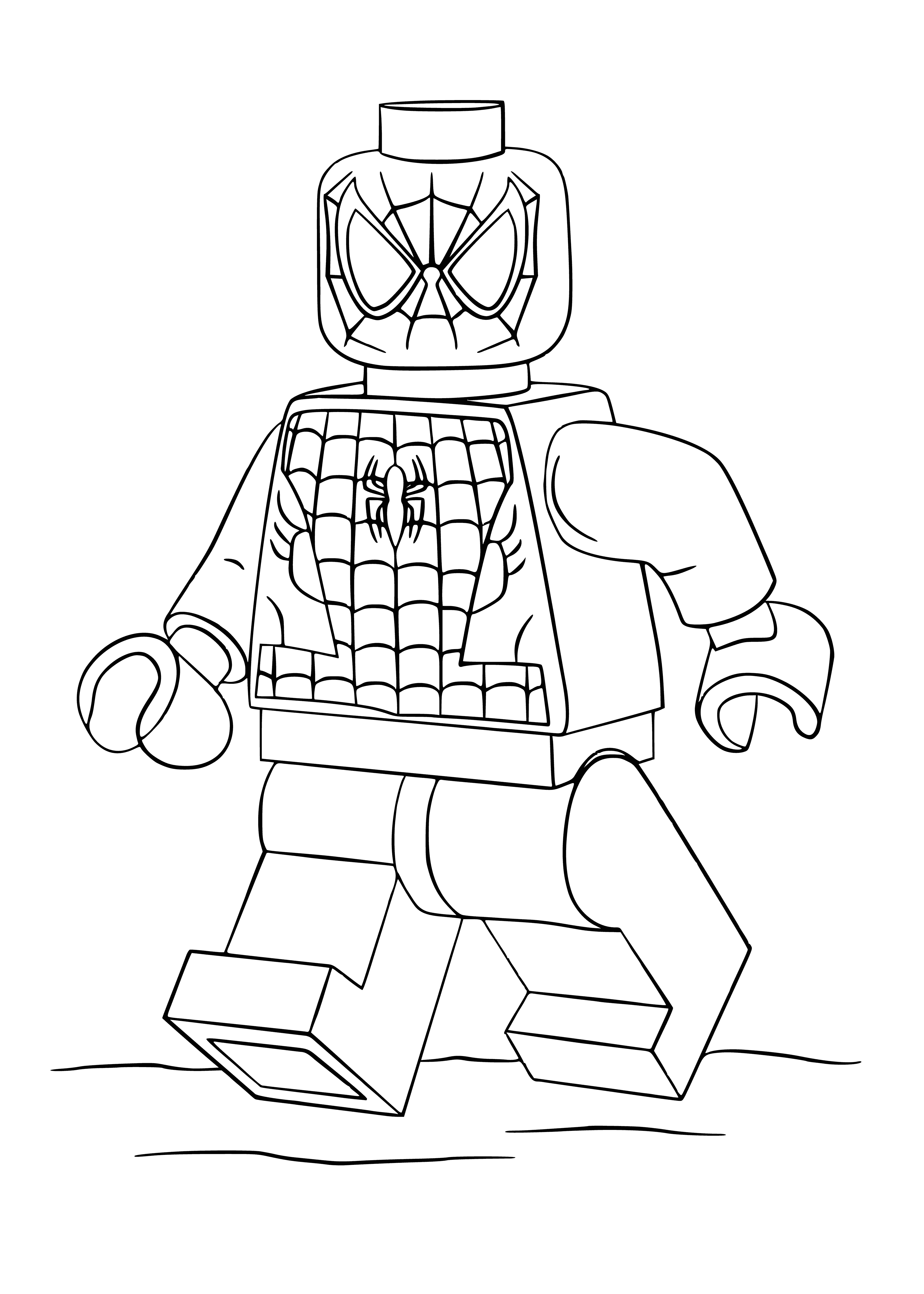 coloring page: Lego Spiderman in red & blue suit, arms & legs spread out, black & white eyes, open mouth, yellowish brown hair. ?️
