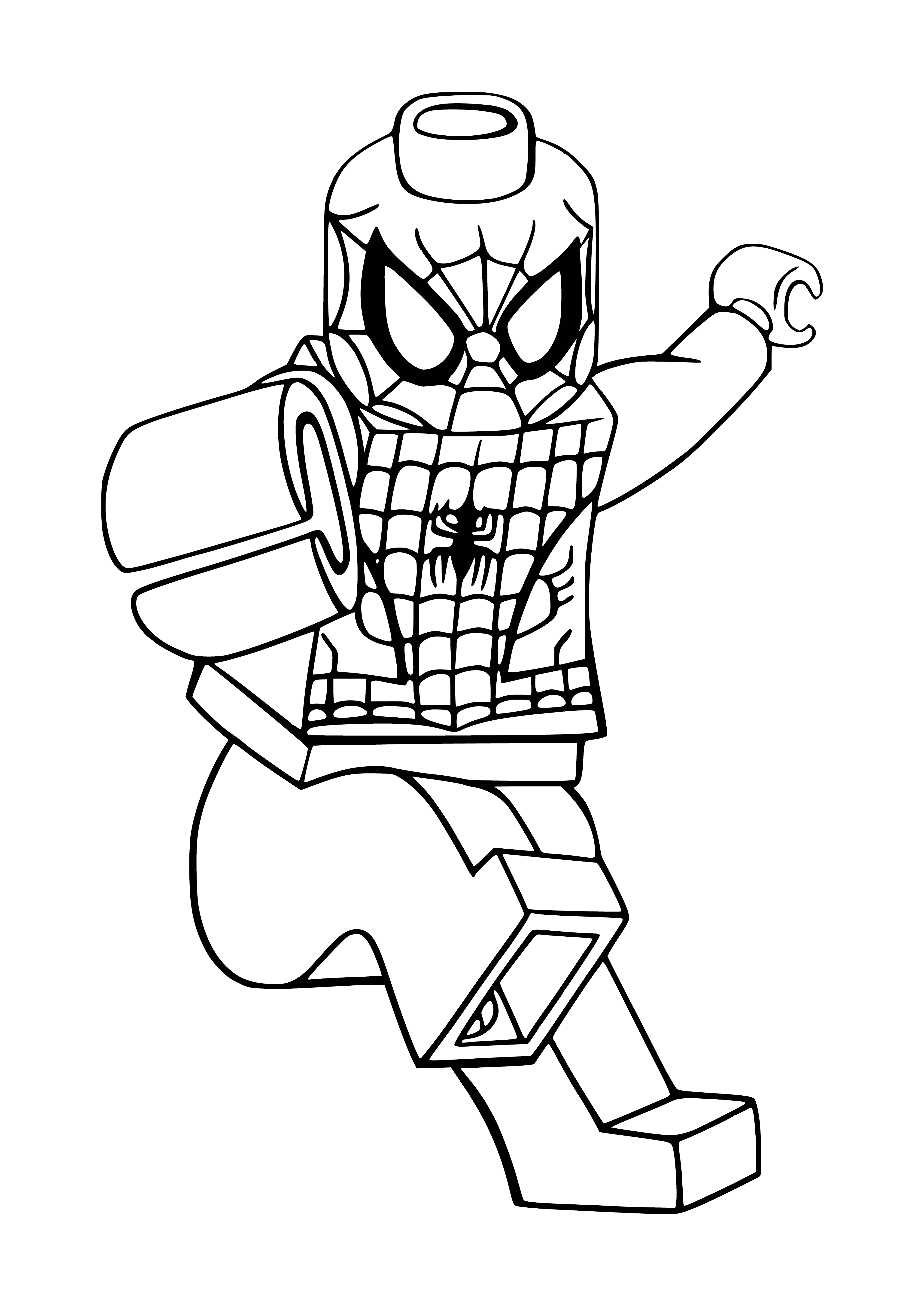 coloring page: Lego Spiderman figurine in red/blue suit w/ black logo. White eyes, red spider-like legs. Standing on black base.