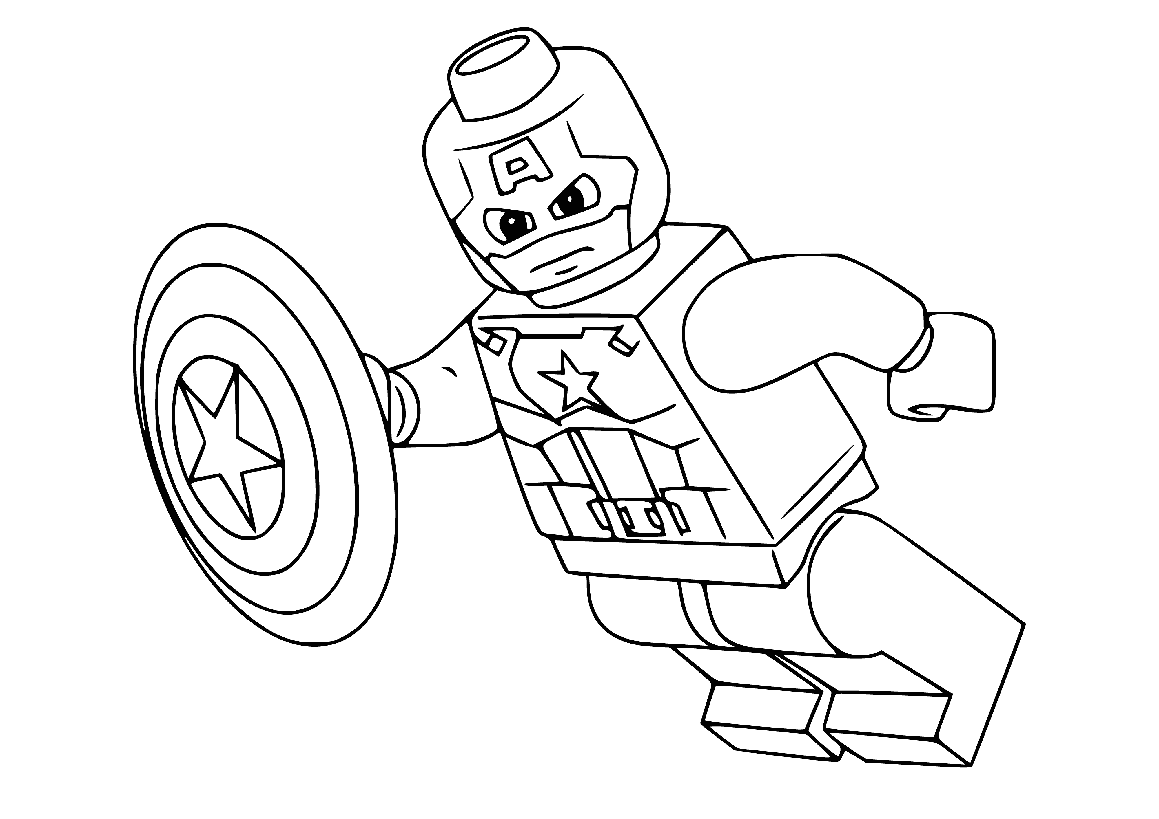 coloring page: Man in blue/white suit with large red "A" stands on Lego brick; has shield & dark hair/beard.