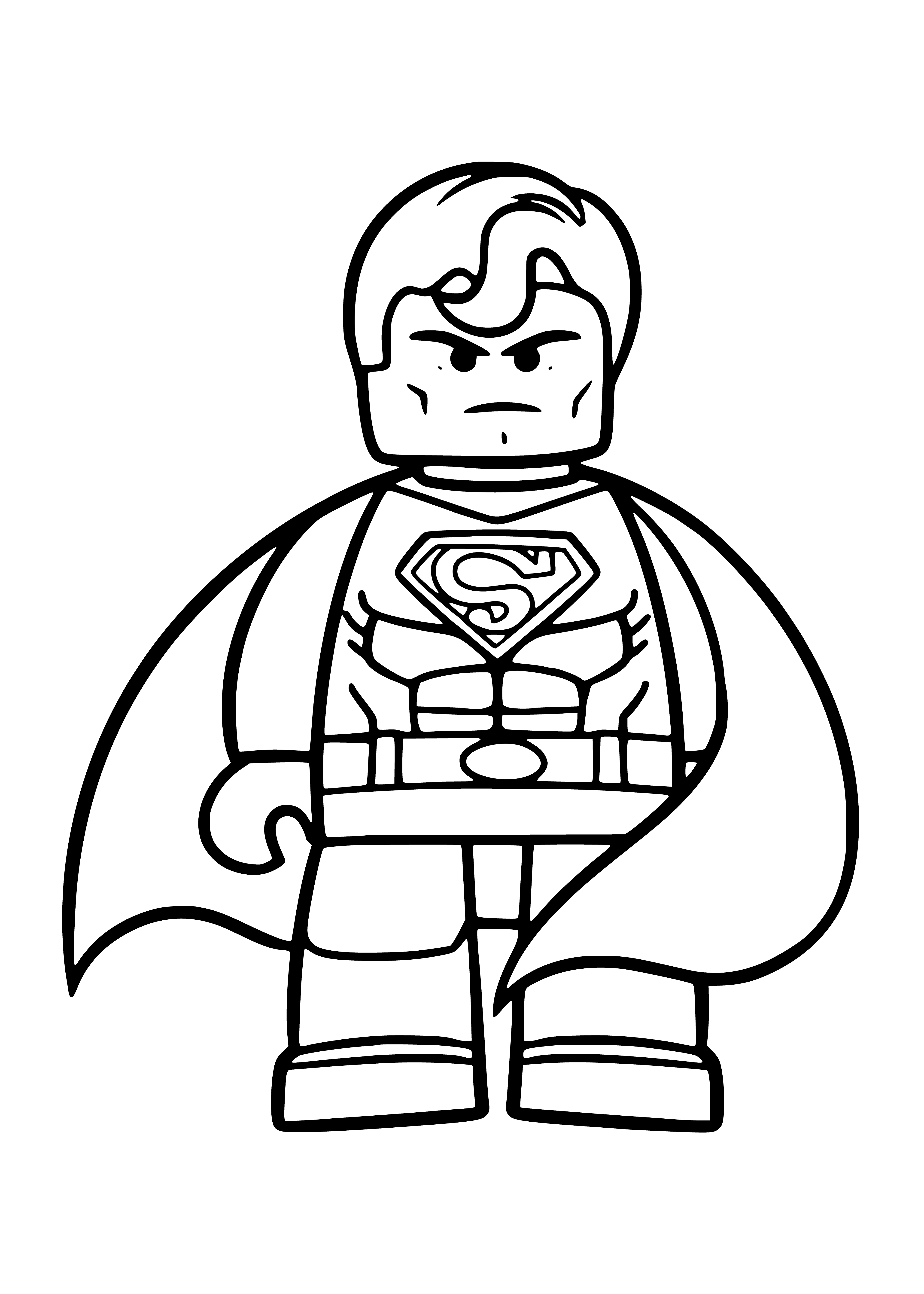 coloring page: Lego Superman figure: mostly blue and red with yellow belt and red cape, with arms crossed.